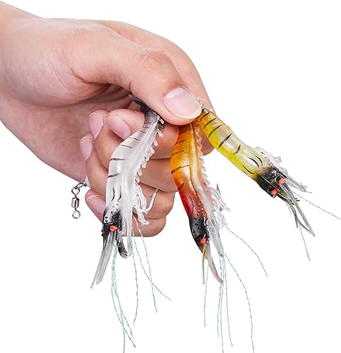 Miniatura 7 de WANBY Señuelos de pesca para camarones, señuelos artificiales de silicona suave, kit de cebo de camarón luminoso Swimbait Señuelos de pesca con