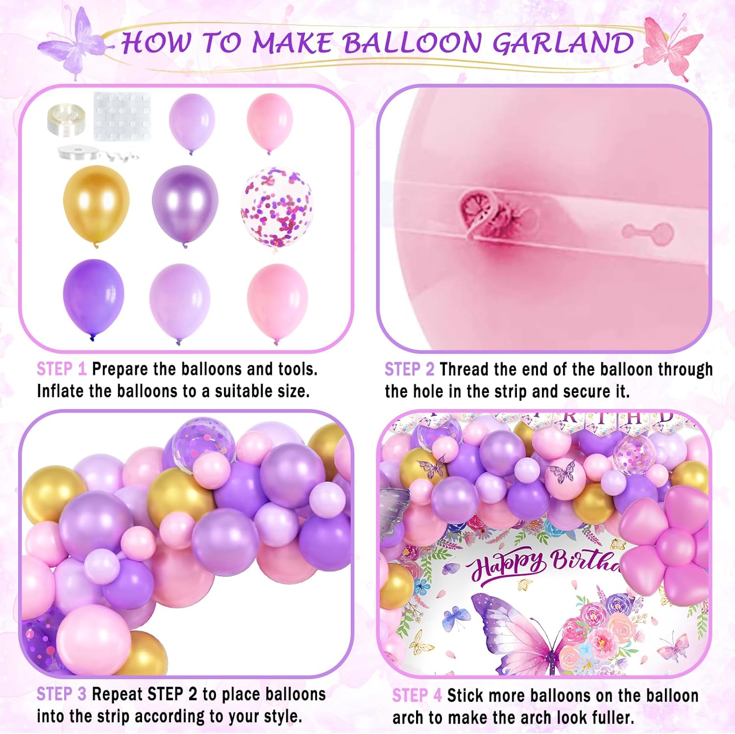 Hombae Butterfly Birthday Decorations, Pastel Pink and Purple Butterfly Party Supplies Girl, Birthday Decorations for Girl, Backdrop Balloon Banner Tablecloth Cake Topper Plates Napkins Plates