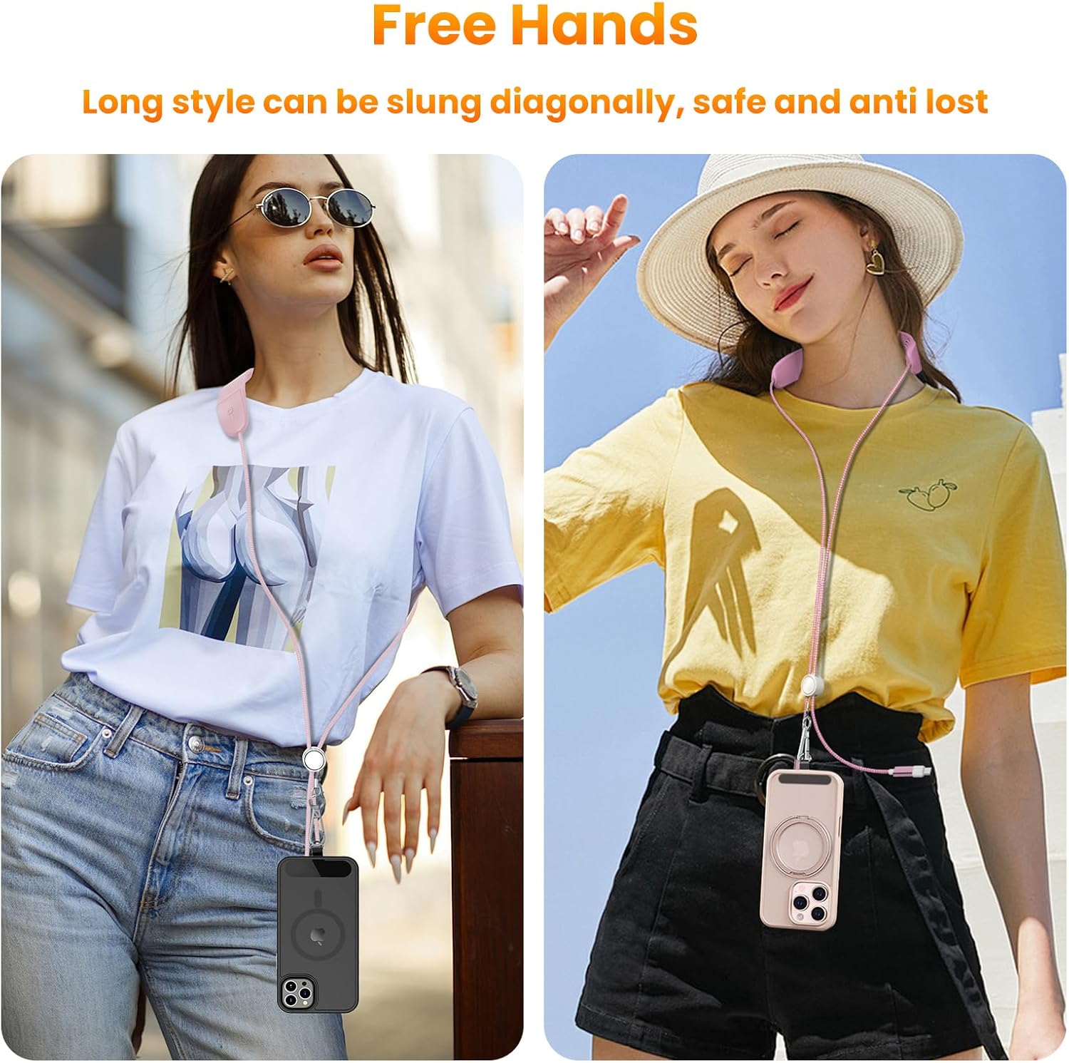 4.8FT 3-in-1 Cell Phone Lanyard ,Crossbody Lanyard with 100W USB C to C Fast Charging Cable ＆ Neck Massages, Anti Theft Phone Strap Crossbody , Phone Neck Lanyard for Daily & Outdoor Activities,Pink