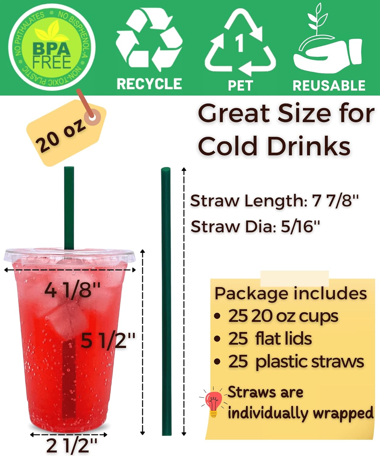 20 oz Clear Plastic Cups with Lids and Straws, Disposable Coffee Cups 25 Sets - Image 2