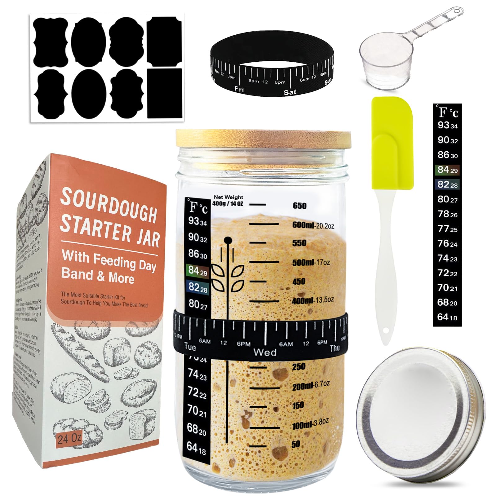 Sourdough Starter Jar Kit, 24oz Reusable Sourdough Jar for Easy Bread Baking, Perfect to Make Your Sour Dough Bread Starter, Easy to Use & Clean Sourdough Starter Kit, Mother's Day Perfect Baking Gift