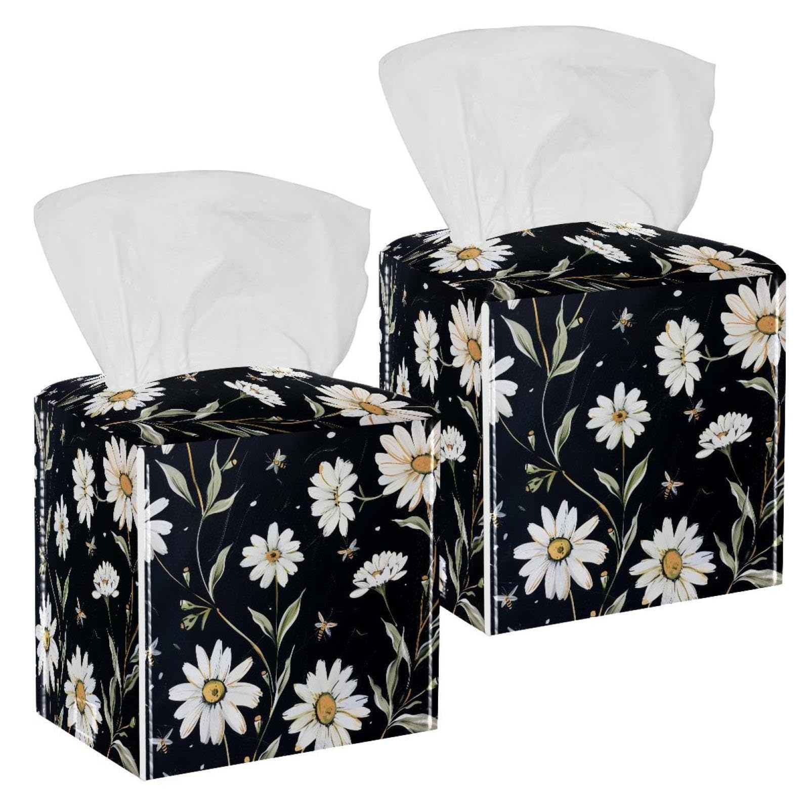 Daisies and Bees Tissue Box Cover, 2 Pack PU Leather Square Facial Tissue Dispenser Box holder for Home Office Car