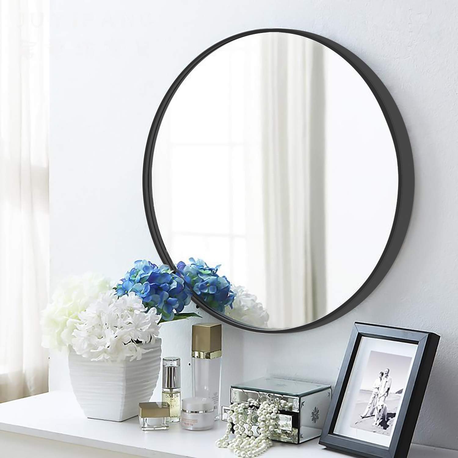 MORIGEM Round Mirror, 19.7” Wall Mirror, Wall-Mounted Mirror for Bedroom, Bathroom, Living Room & Entryway, 1.4” Metal Frame Vanity Mirror, Black