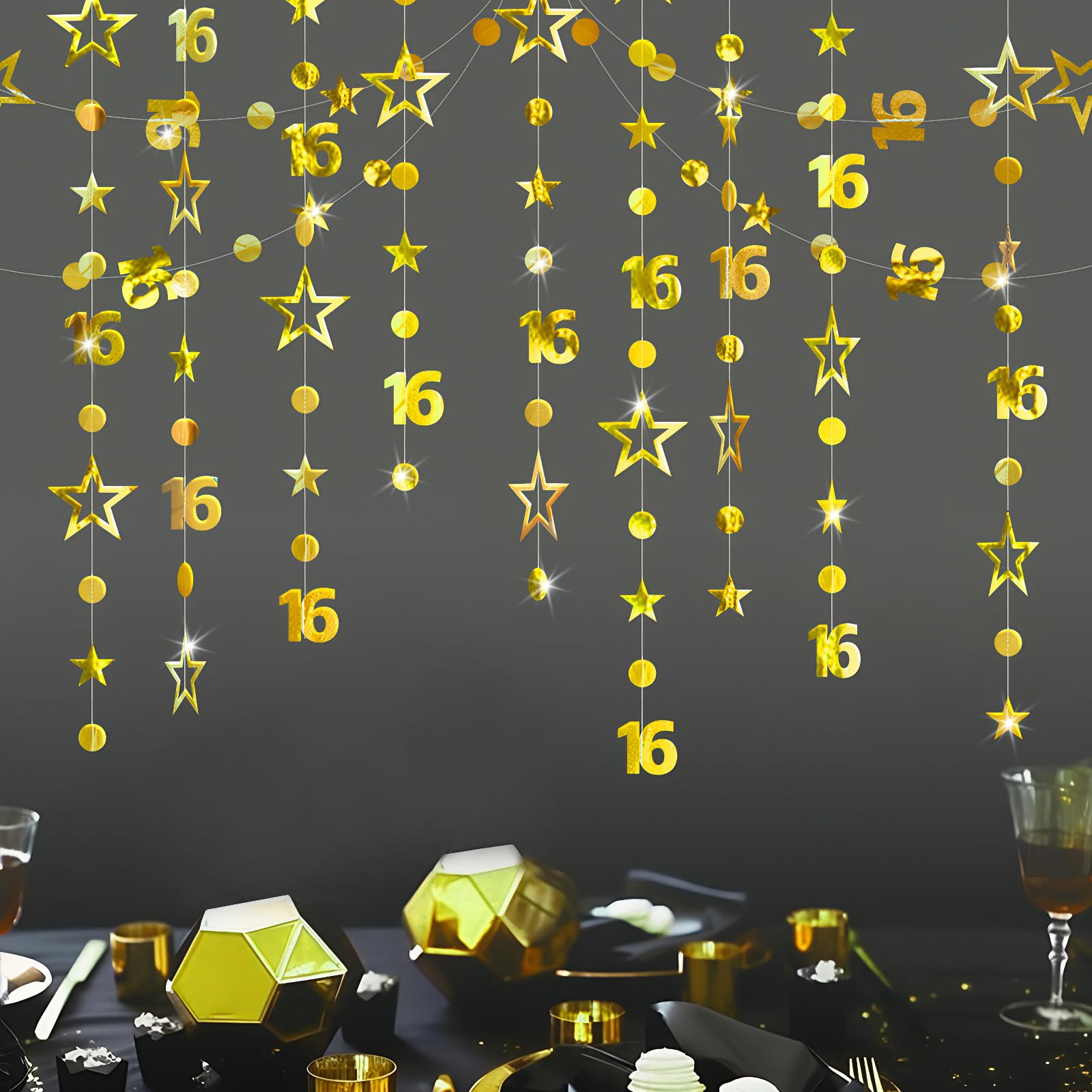 Zhiaek 12m 16th Birthday Decorations Gold 16th Birthday Banner Number 16 Circle Dot Star Garland Paper Decorations Hanging for Holiday Wedding Anniversary Theme Party Supplies