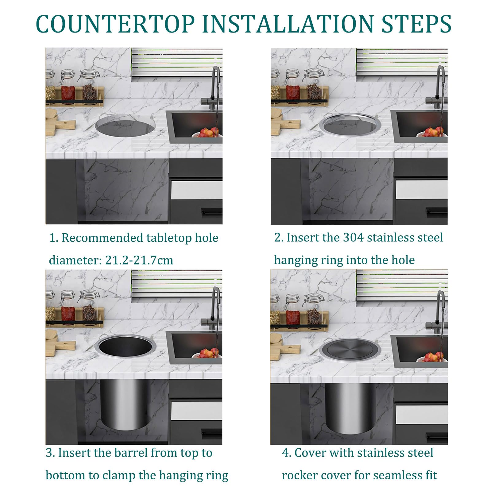 Trash rotondo in acciaio inossidabile per controsoffitto, contenitore di scarto incorporato nascosto con coperchio oscillante, smaltimento della spazzatura della cucina del supporto a filo, design sal