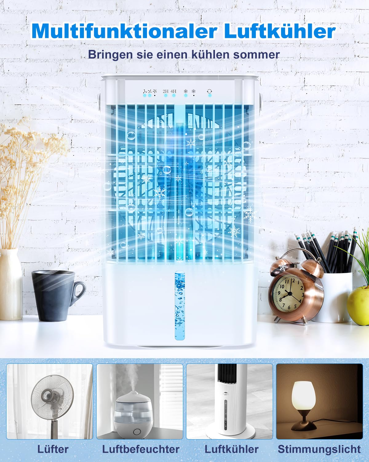 RenFox Mobiler Klimaanlage 4 in 1 Energiesparender Mini Luftkühler mit großem wassertank (1200 ml), 3 Stufen Verdunstungskühlung, 7 Farb LED, Timer und geräuscharm für Home Office und Schlafzimmer
