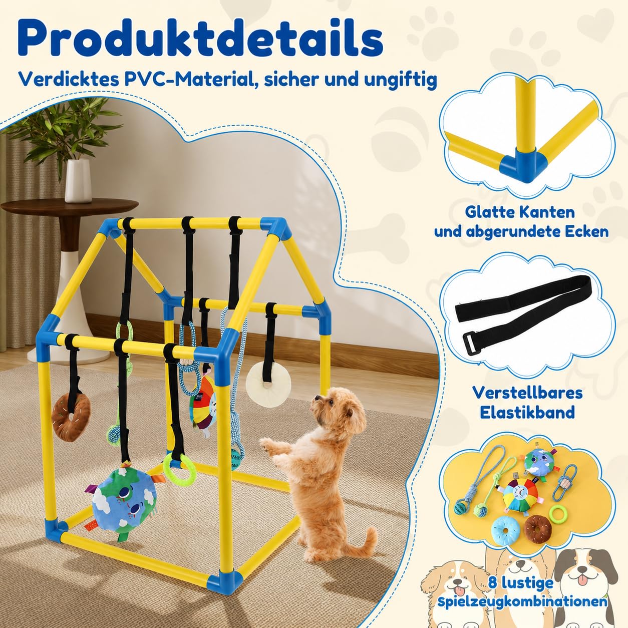 Parc de jeu pour chiots avec 8 jouets intelligents et fermetures , salle de jeu pour petits chiens avec cadre en PVC, jouet pour chiots pour dressage, apaisement, sol intérieur