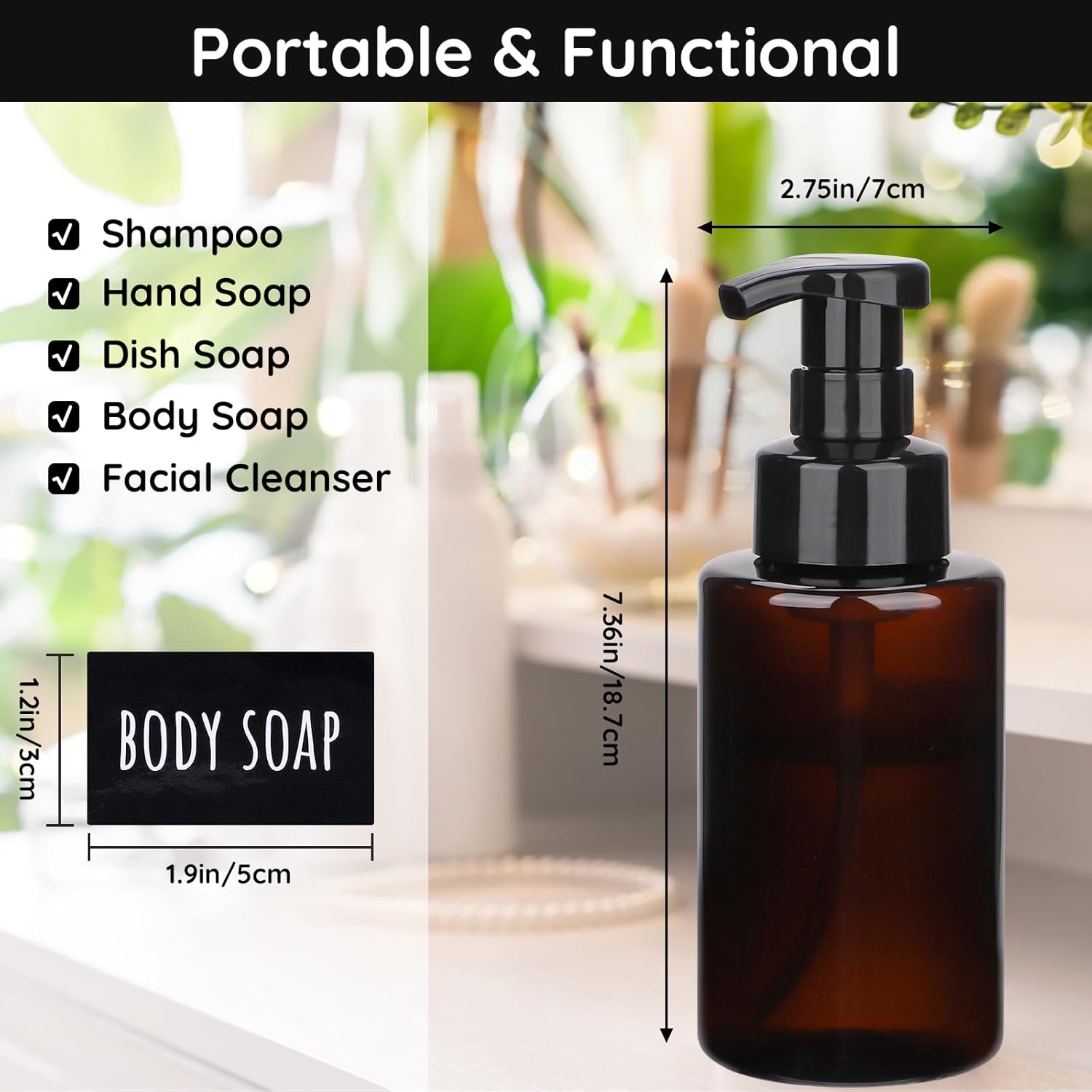 Segbeauty 13.5oz 4pcs Foaming Hand Soap Dispenser Refillable, Empty Foaming Soap Dispenser with Pump, 400ml Plastic Foamer Bottle, Amber Foam Pump Bottle with Waterproof Labels for Bathroom Kitchen - Image 3