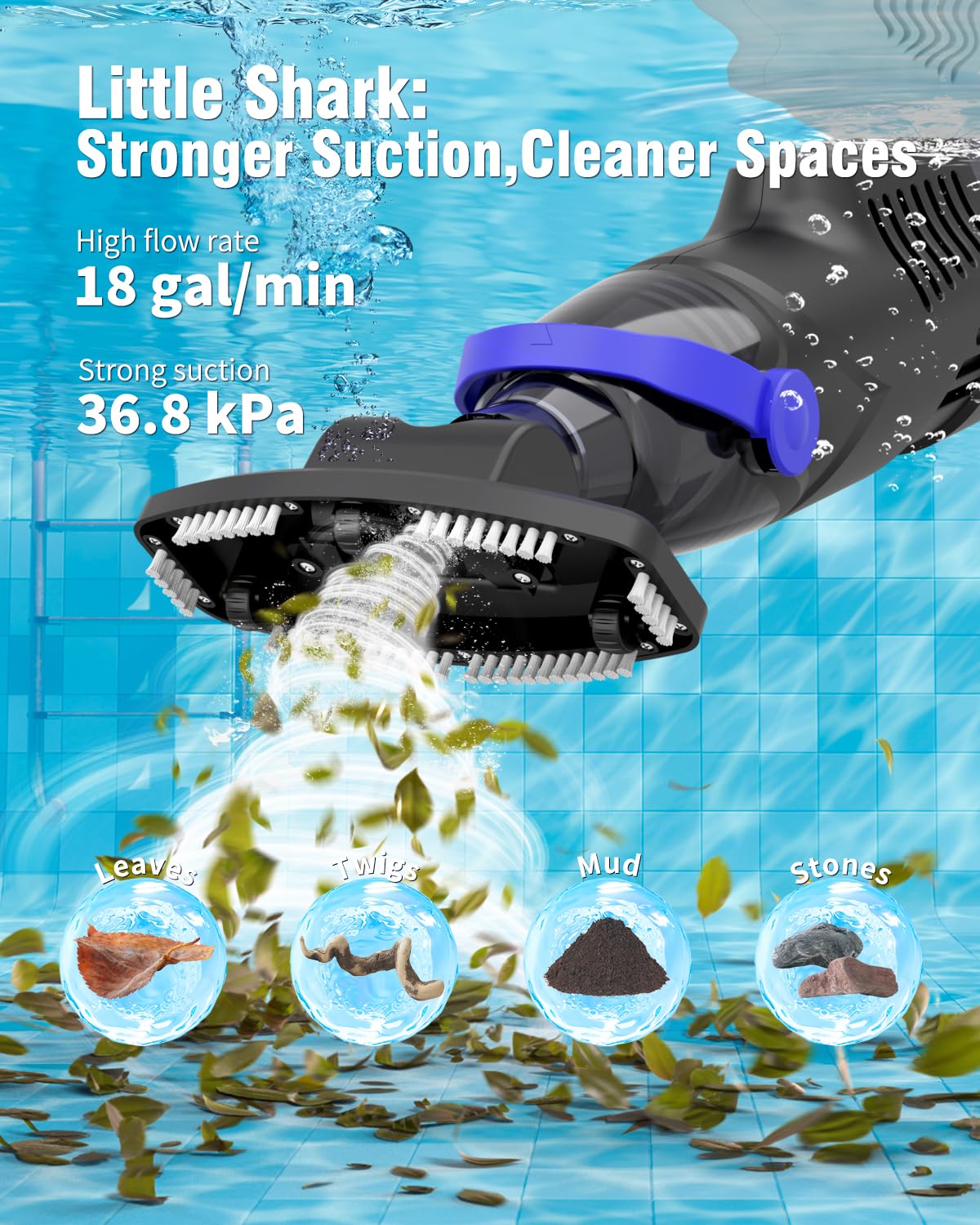 Little Shark Aspirapolvere a batteria per piscine all'aperto e vasche idromassaggio, motore da 60 W, potente aspirazione di 18 GPM, batteria compatta da 5000 mAh, autonomia di 60 minuti (nero)
