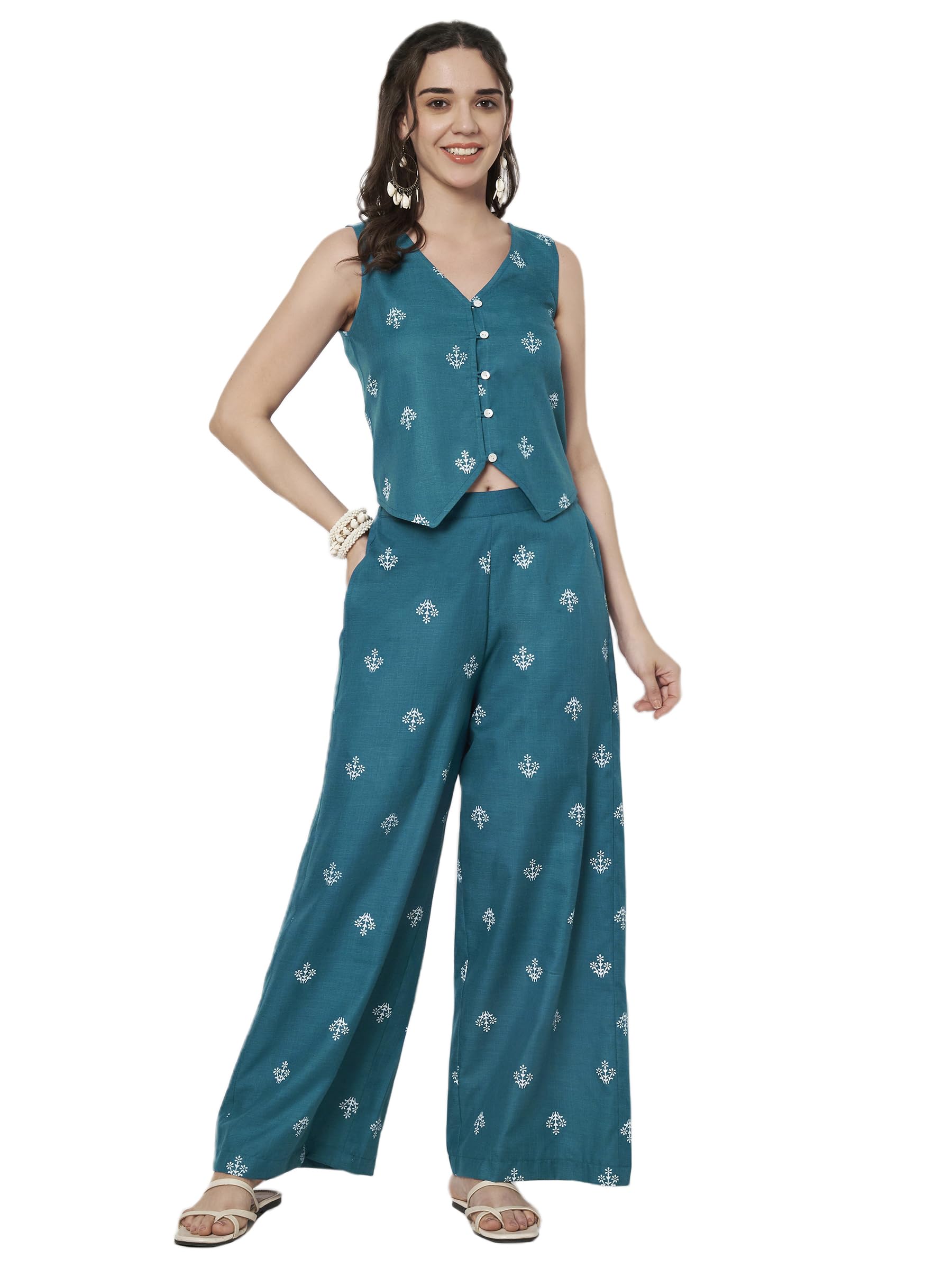 9rasa Women's Cotton Block Printed Trouser and Waistcoat Co-ord for Casual Evening Workwear-picture-17