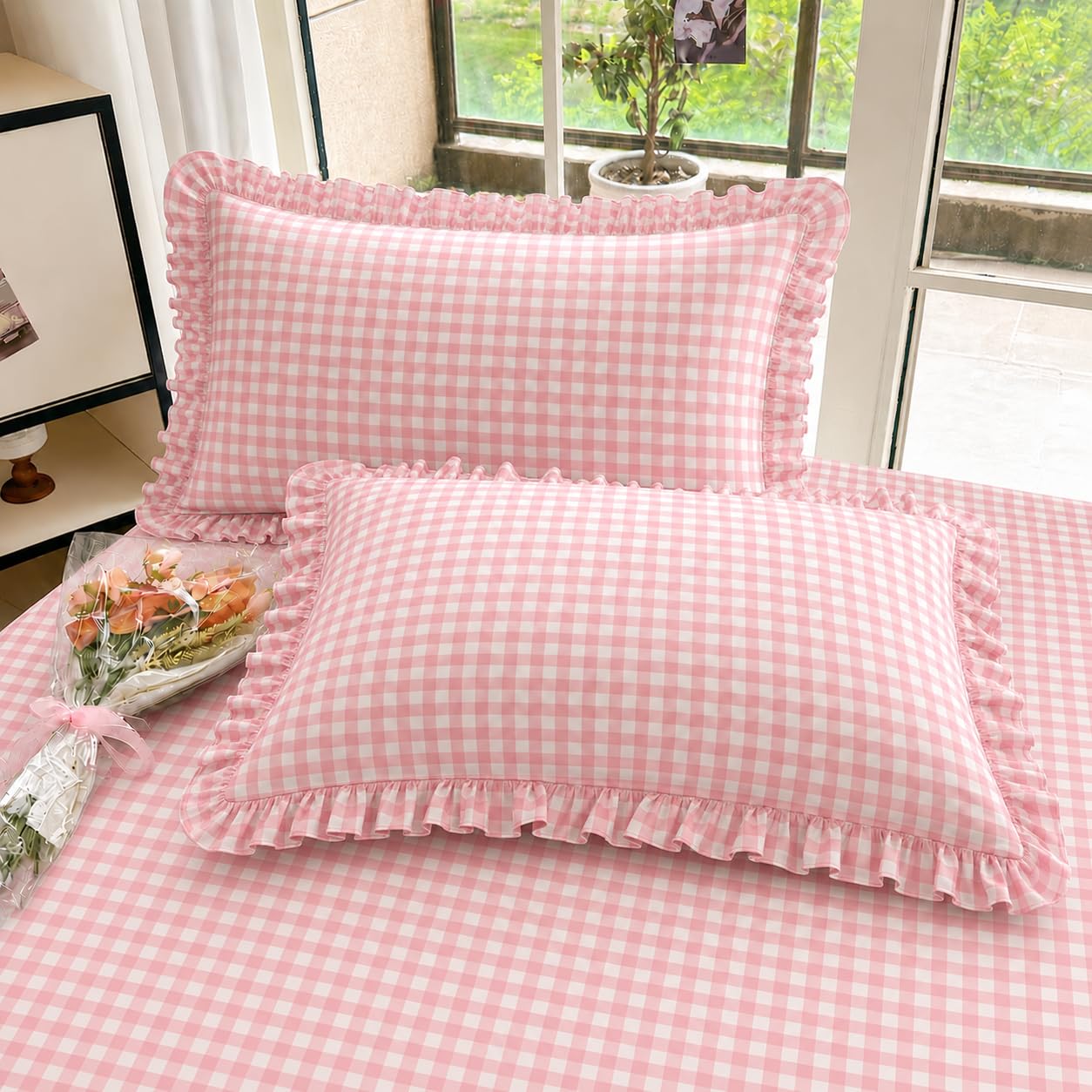 VOMZER King Size (72x78) 300 TC Soft Cotton Feel Microfiber All Around Elastic Fitted Double Bedsheet with 2 Frill Pillow Covers | Pink Check-image-13