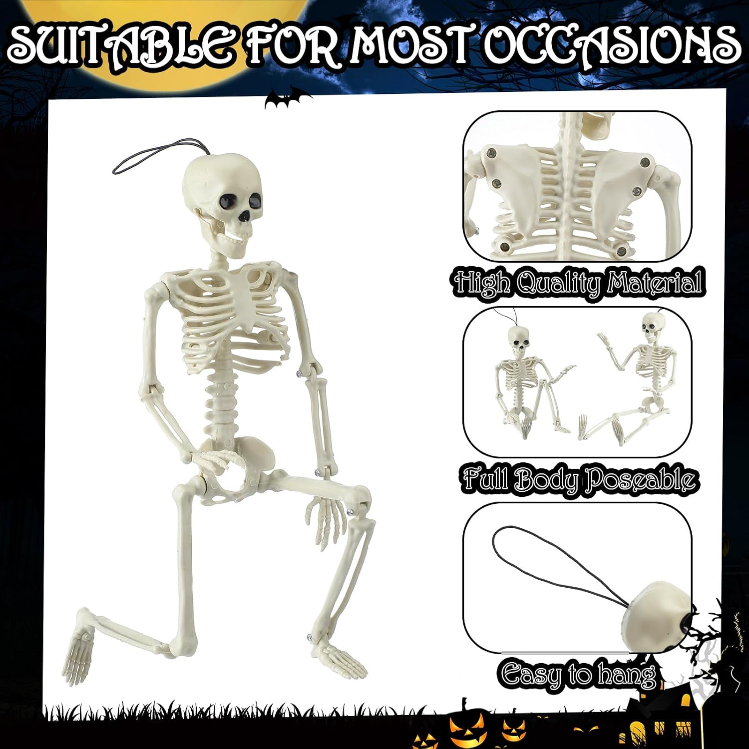 Geetery 12 Pcs 16'' Posable Halloween Skeleton Decoration Full Body Plastic Hanging Skeleton with Movable Joints for Halloween Graveyard Haunted House Decor
