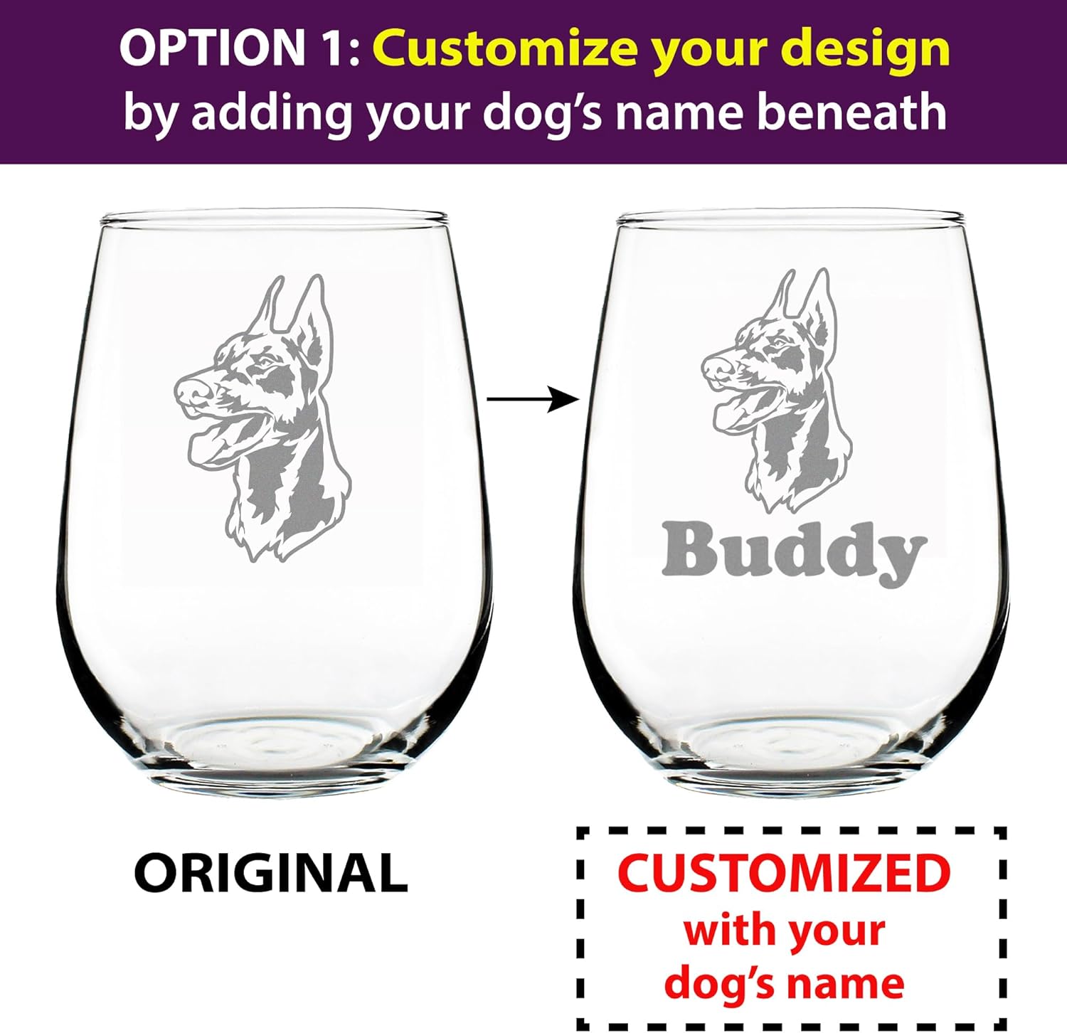 Custom Doberman Face Stemless Wine Glass - Cute Dog Themed Decor and Gifts for Moms & Dads of Pinscher Dobermans - Large 17 Oz - Customized Glasses