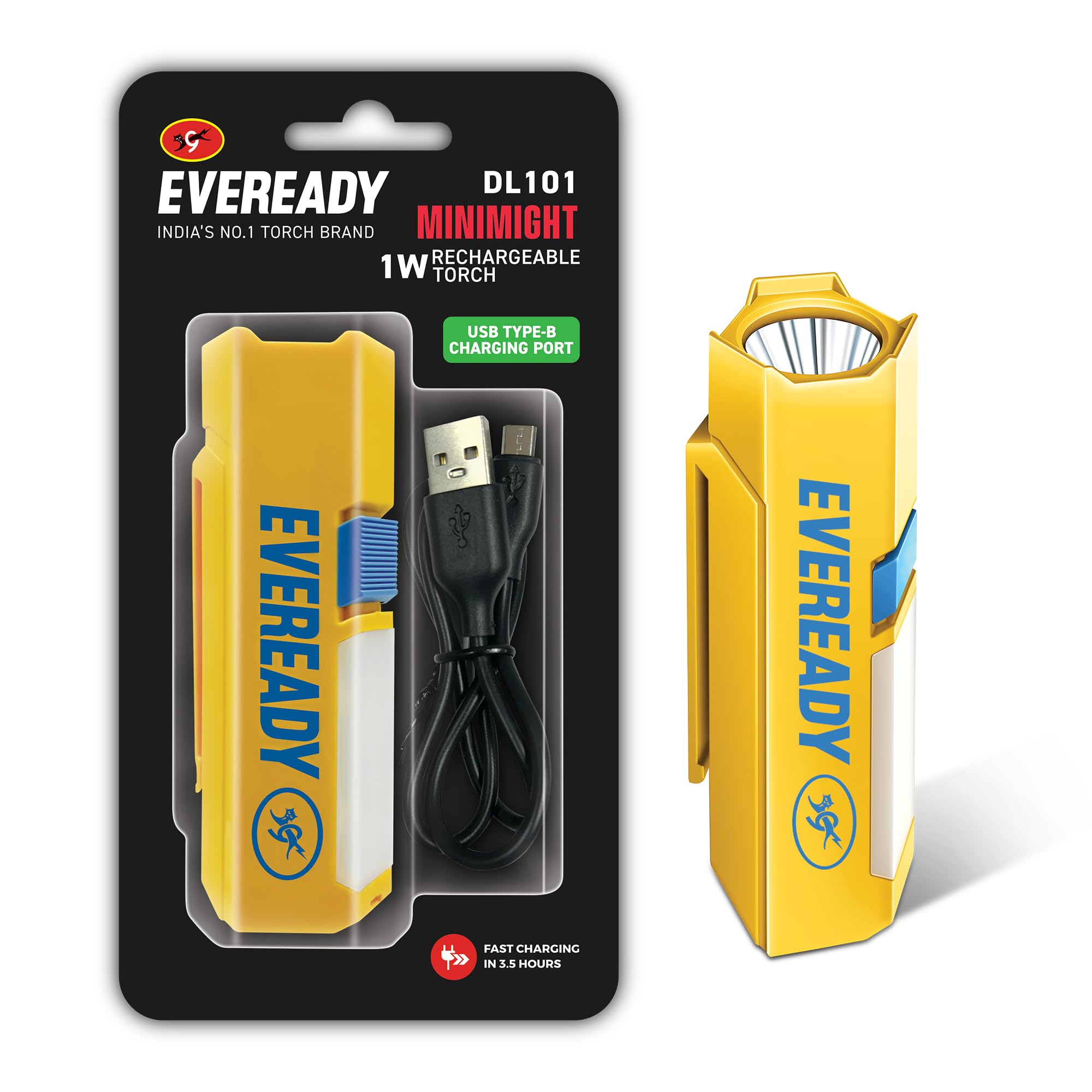 Eveready DL 101 Emergency Minimight 1W Rechargeable Torch with 1W Sidelight, Pack of 1