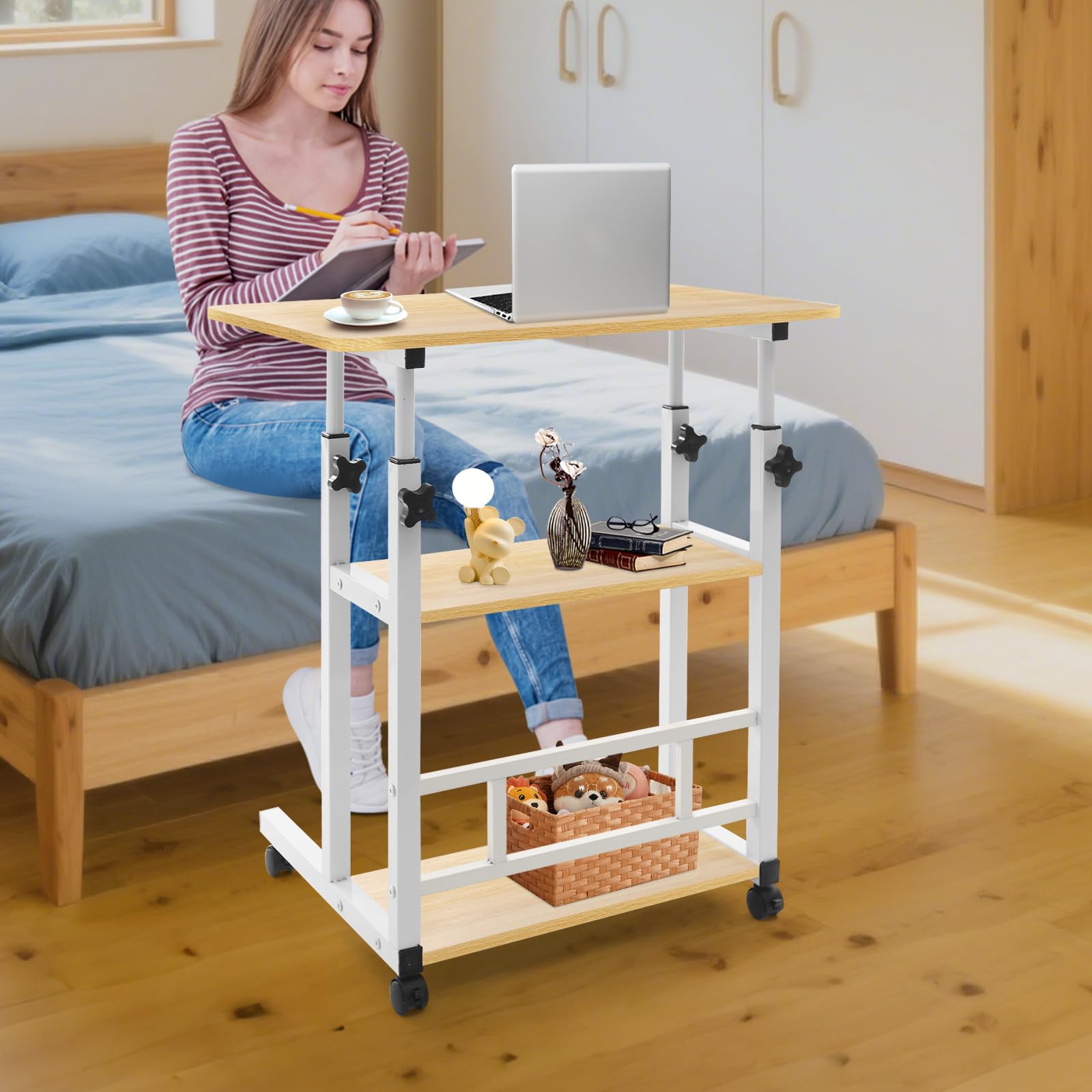 Comodino regolabile Overbed, scrivania mobile a 3 livelli, per soggiorno, ufficio, casa, studio, colore legno, 60 x 40 cm, altezza regolabile: 60 – 90 cm