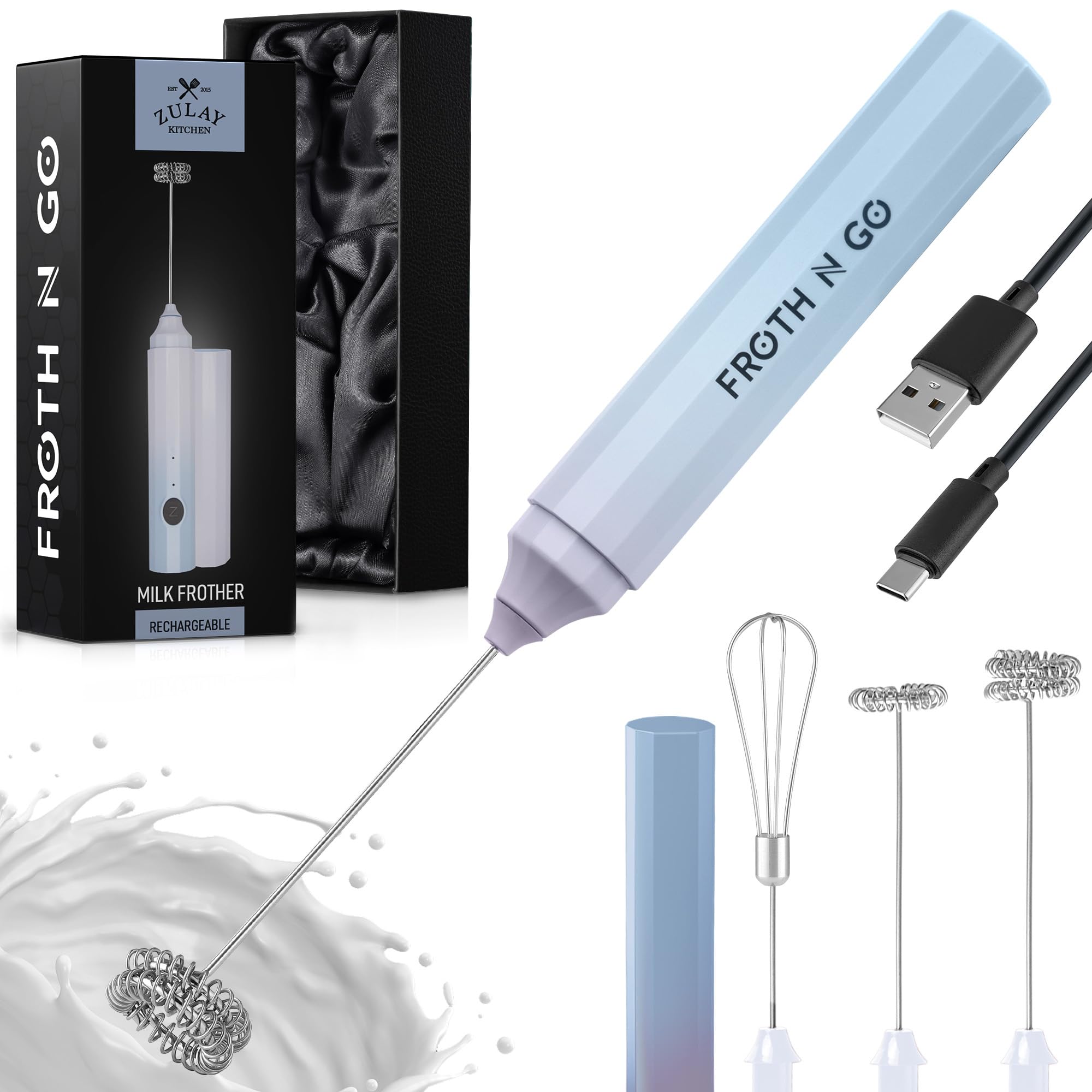 Zulay Froth N Go Milk Frother – Rechargeable 3-in-1 Handheld Frother Wand with Travel Case &amp; USB-C Charger – Single, Double &amp; Egg Whisk for Latte, Cappuccino, Matcha, Protein Shakes - Dove Cloud