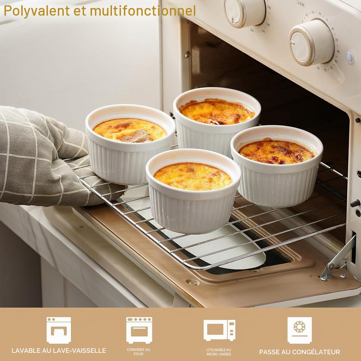 Lot de 6 ramequins à crème brûlée, à soufflé, passent au four, en céramique pour ragoûts, délicieuses viandes assaisonnées, muffins, panna cotta, 10 cm, blanc