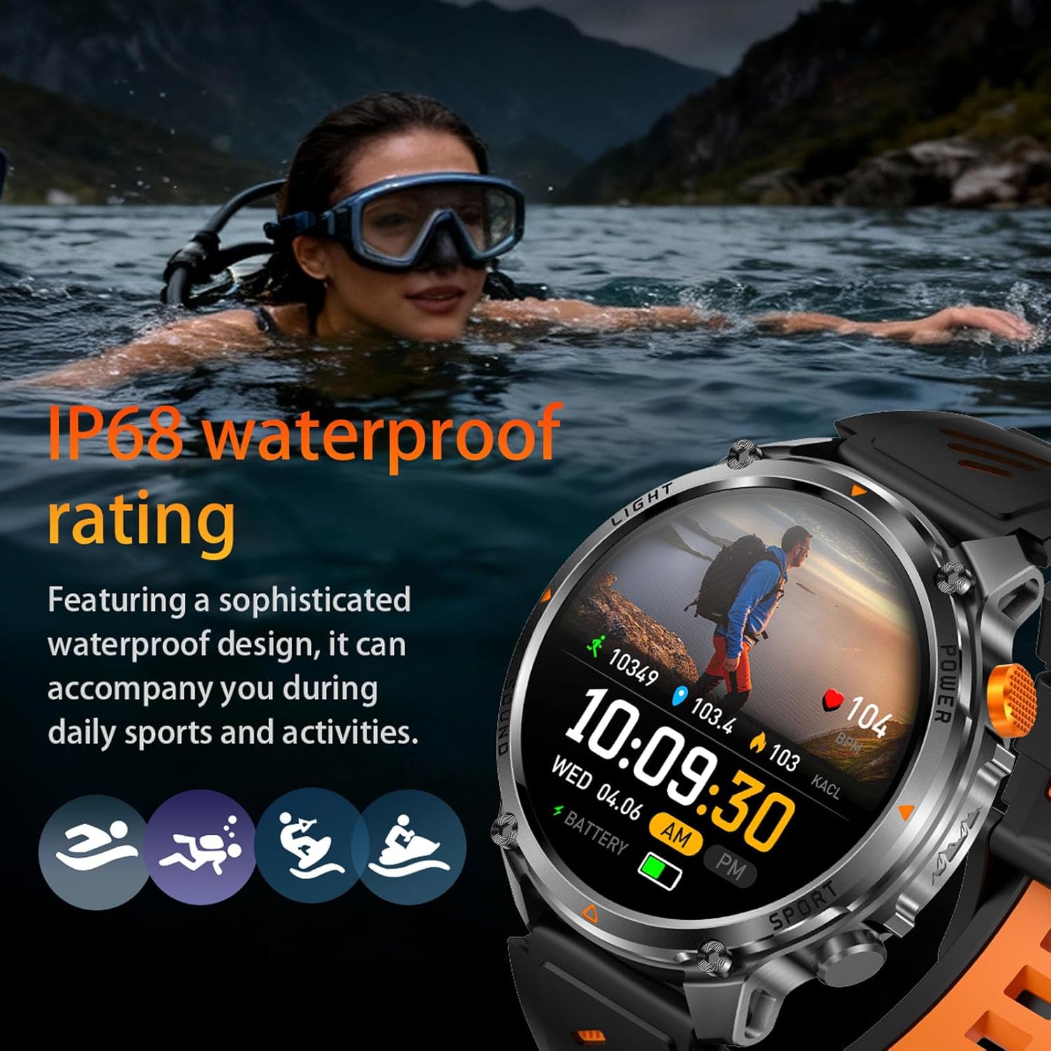 MIDDOW Mens Smart Watch with Compass/Flashlight/100 Days Battery/IP68 Waterproof/Answer/Make Calls, 1.7" HD Fitness Tracker Watch with Heart Rate Monitor, for Android Phones & iPhone (2 Straps)