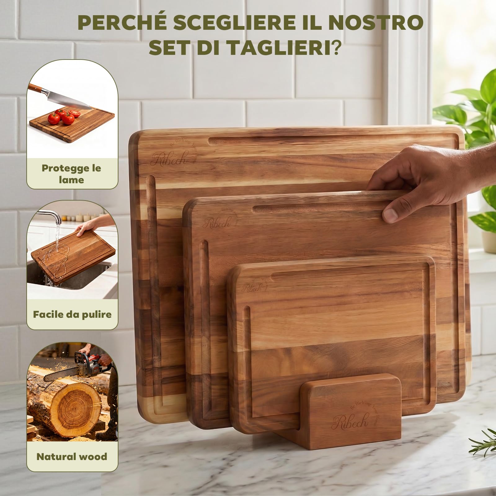 Set Taglieri 3 Pezzi in Legno di Acacia Massello con Supporto | 40x30cm 33x24cm 26x18cm | Taglieri Spessi 2cm con Canaletto e Piedini Antiscivolo
