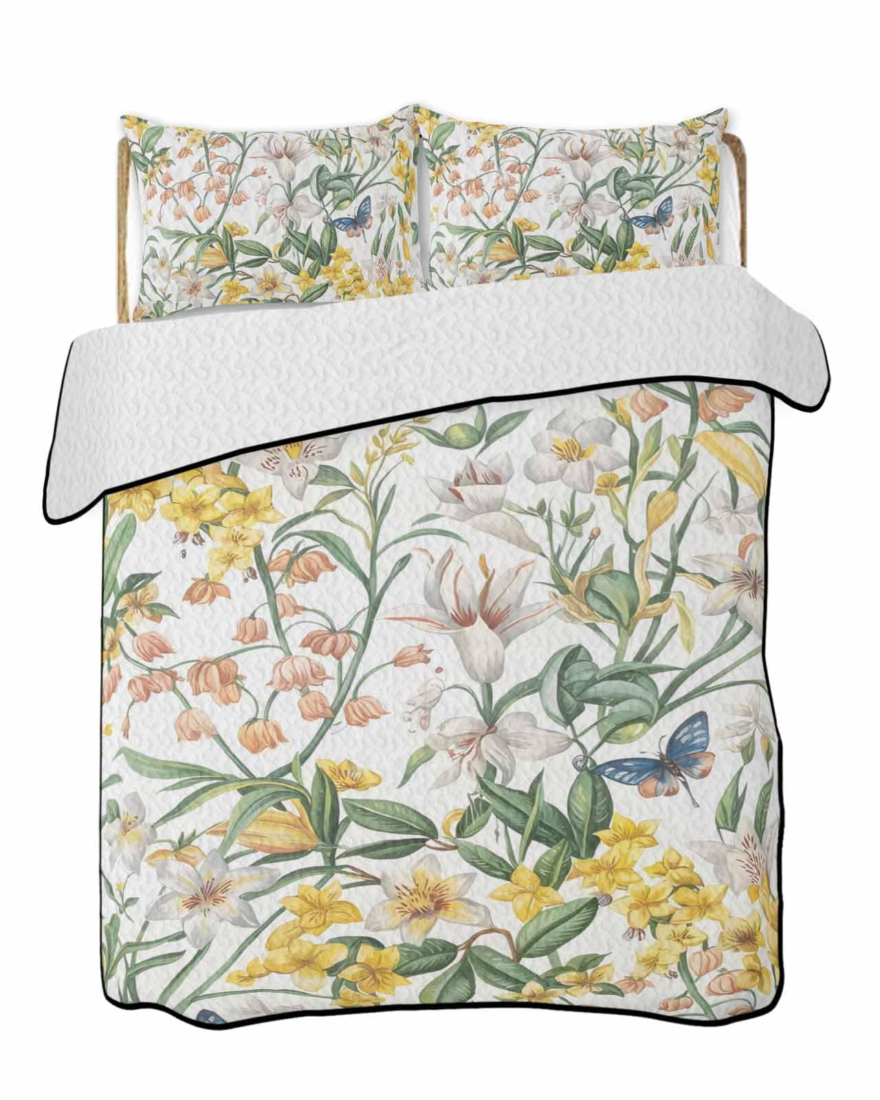 Reversible Down Alternative Comforter Quilted, Pastoral Floral Blue Butterfly Duvet Insert Lightweight Soft Bedspread Throw Blankets Summer Blossom Flower for All Seasons Bed Sofa Decor