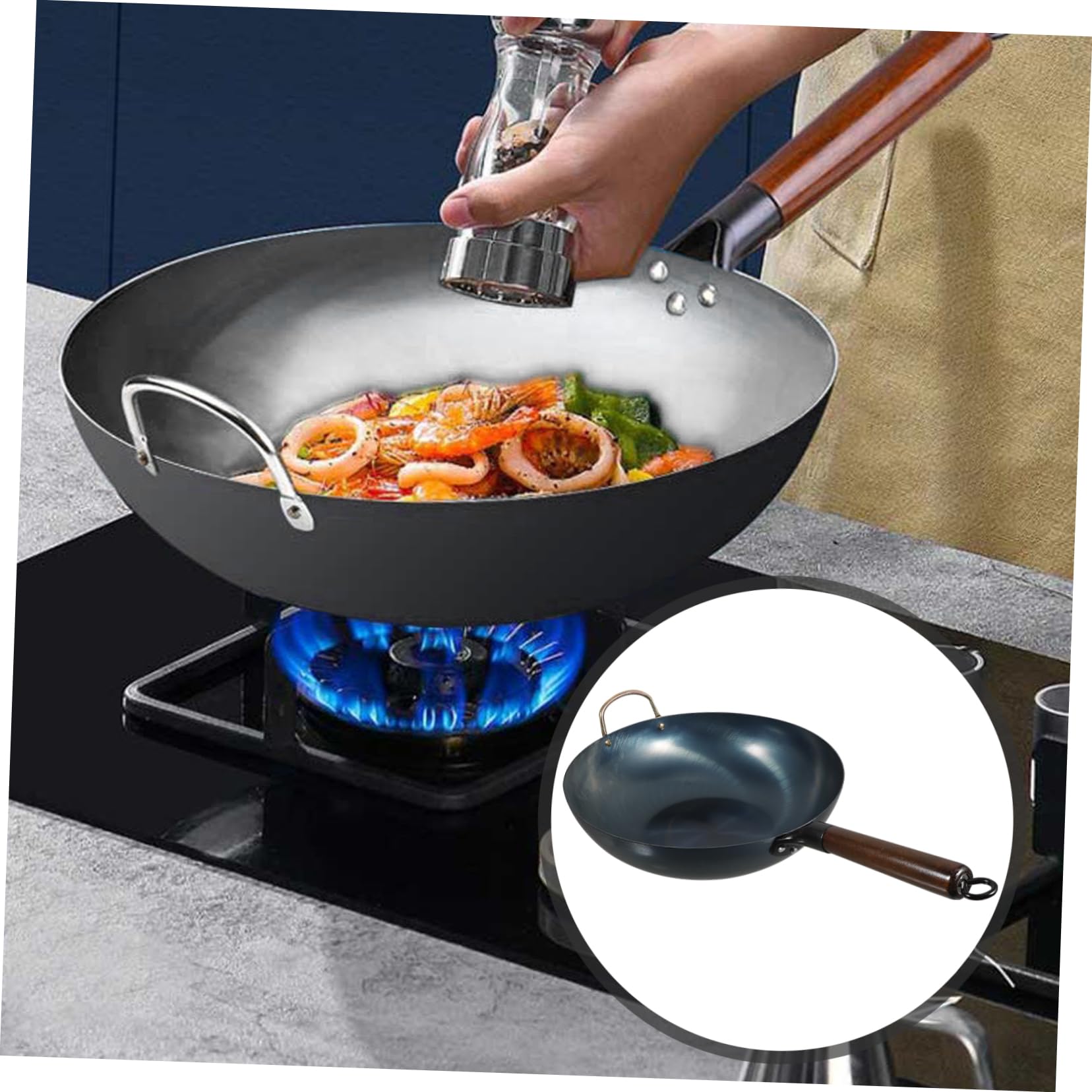 Ciieeo Sartén Wok Chino de Hierro Fondo Plano y Mango de Madera, Superficie Lisa Multifuncional Adecuado para Barbacoa y Cocina Tradicional