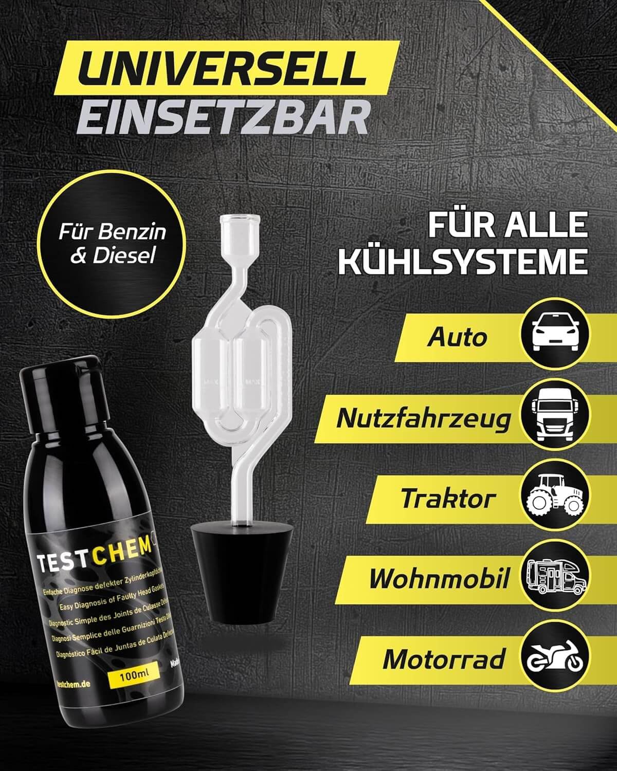 STEEL SEAL TESTCHEM Tester uszczelki głowicy cylindra CO2 do wody chłodzącej 100 ml – system chłodzenia, test spalin – zestaw testowy do testowania szczelności głowicy przed użyciem, uniwersalny do