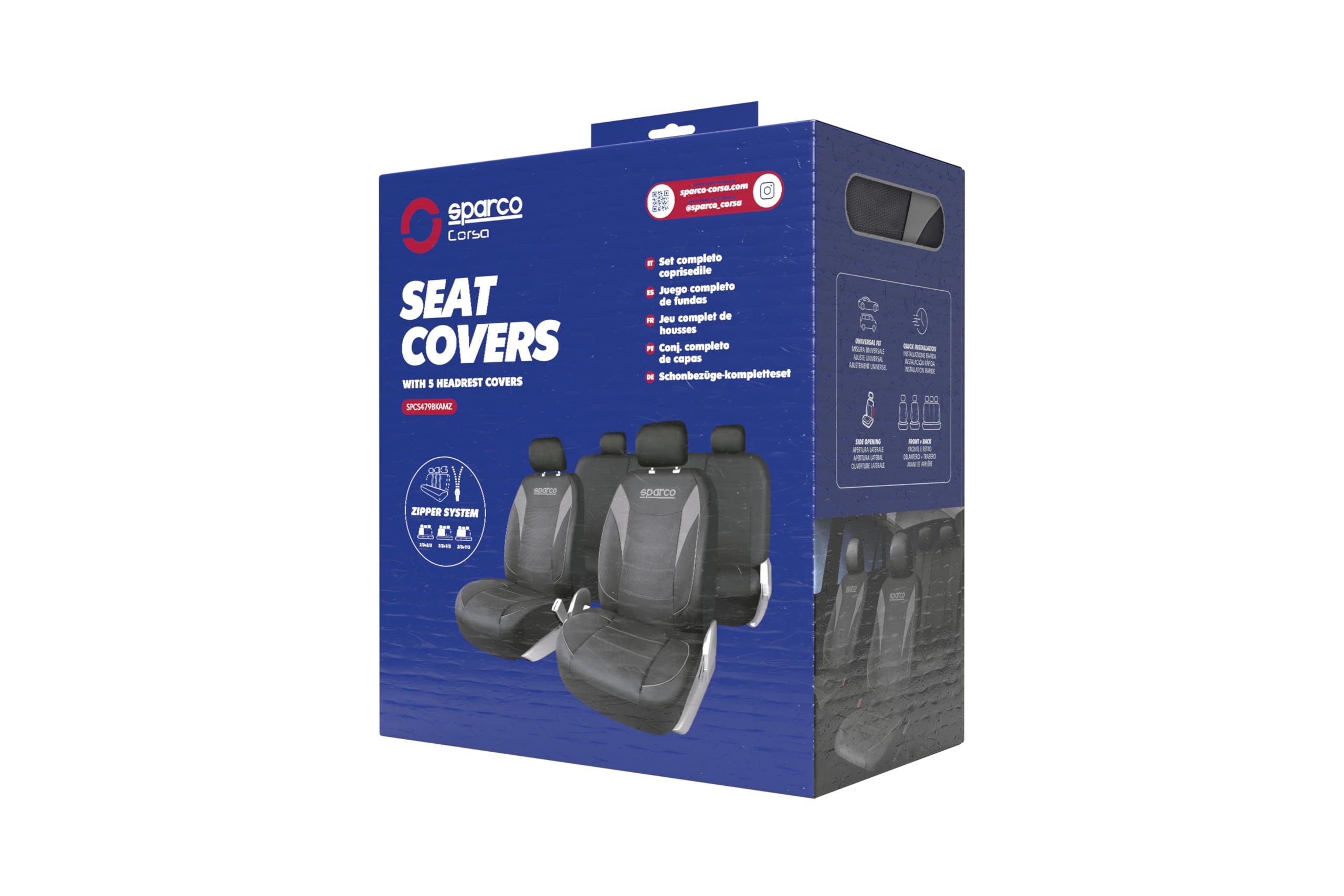 SPARCO Jeu Complet de Housses de siège de Voiture 5 têtes 9 pièces, exclusivité Amazon, PVC résistant, universelles avec système de Fermeture éclair, Installation Rapide et Nettoyage Facile