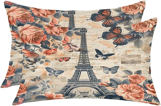 Vintage Rose Butterfly Tower Throw Pillow Covers 12x24 Set of 2 Rectangle Pillow Cases Modern Decorative Cushion Case with Hidden Zipper for Sofa Bed Bedroom Couch Patio Farmhouse Pillowcases