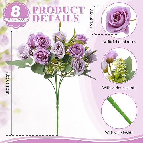 Miniatura 2 de Zeyune Paquete de 8 Ramos de Boda de 12 Pulgadas para Novia y Dama de Honor Morado y Lila Ramo de Rosas Artificiales Flores de Seda Sintética