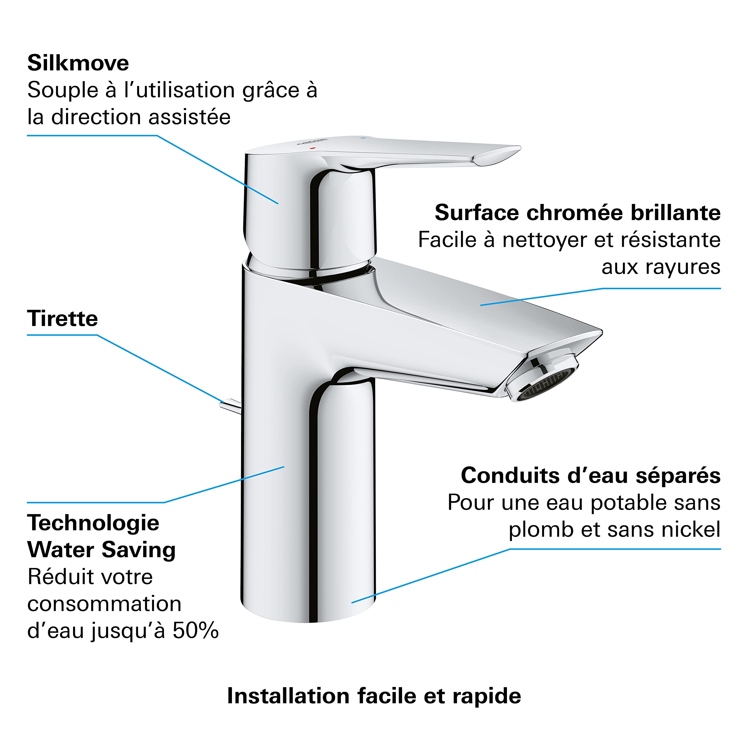 GROHE QUICKFIX Start Robinet de salle de bains lavabo, mousseur économie d'eau, avec tirette de vidage, bonde incluse, installation et nettoyage facile, taille S, chromé, 24209002 (Import Allemagne)