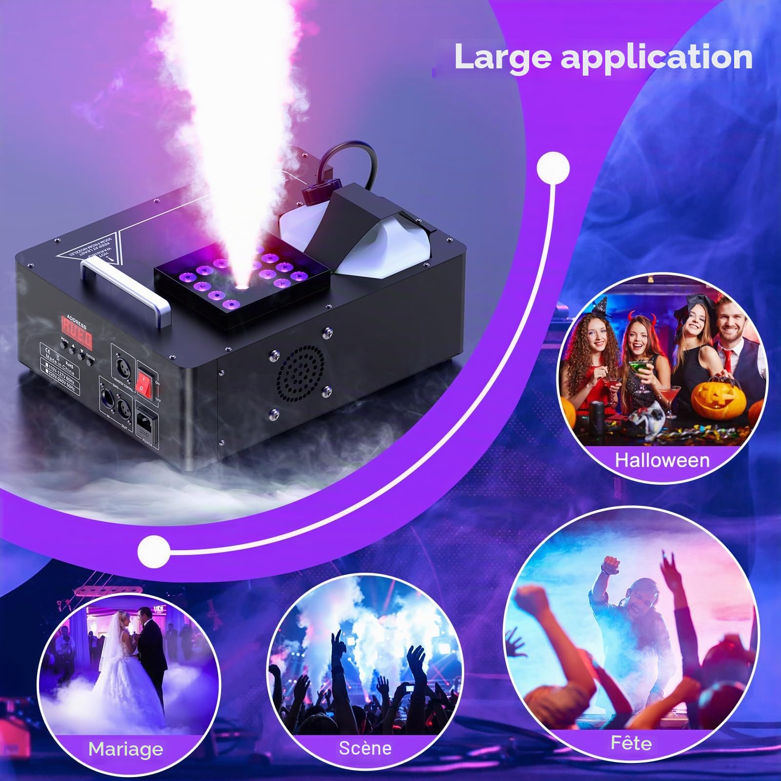Machine à fumée de 1500 W avec 24 LED RVB, d-mx512 et télécommande pour scène de mariage, fête d'Halloween Noël