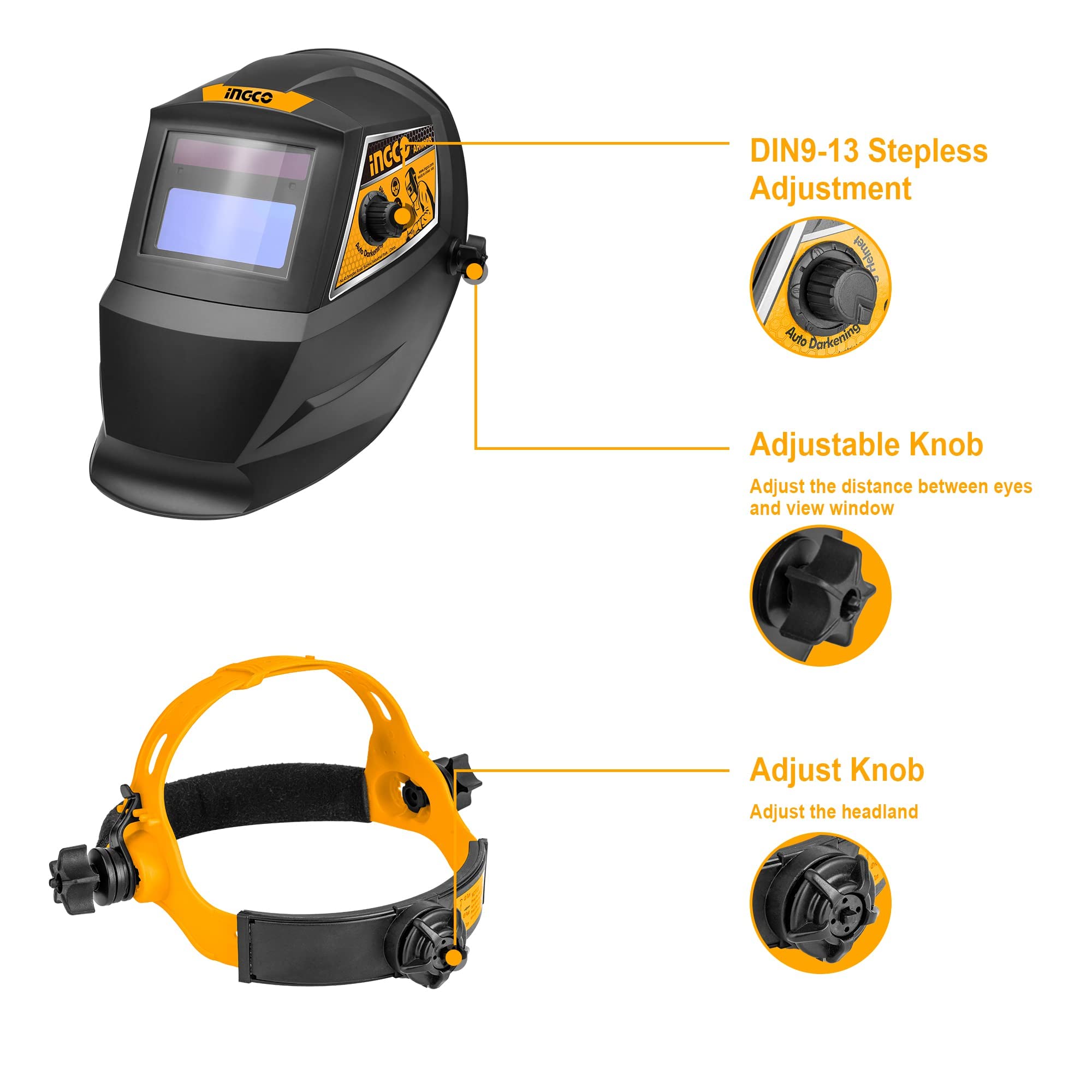 Ingco Auto-Darkening Welding Helmet, 92×42mm Large Viewing Welding Hood, 1/1/1/2 Light State:DIN 4, Battery Powered, 2 Arc Sensor Wide Adjustable Shade Welder Mask for TIG MIG/MAG MMA Plasma - Image 2 thumbnail