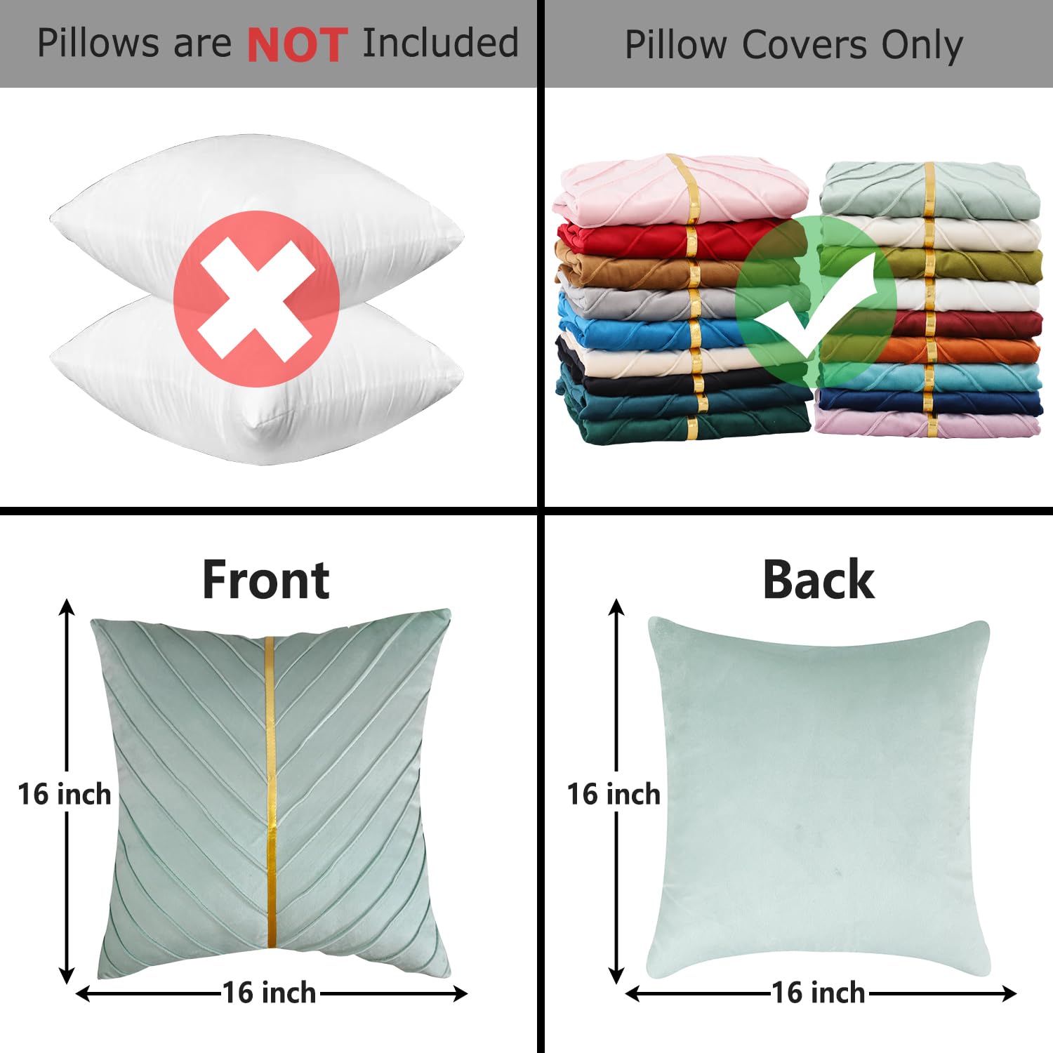 Tosleo Mint Green Velvet Throw Pillow Covers 16x16 inch Pack of 2 with Gold Leather Decorative Couch Pillowcases Luxury Modern Pillow Cases for Living Room Bedroom Sofa Cushion Bed 40 x 40 cm - Image 2