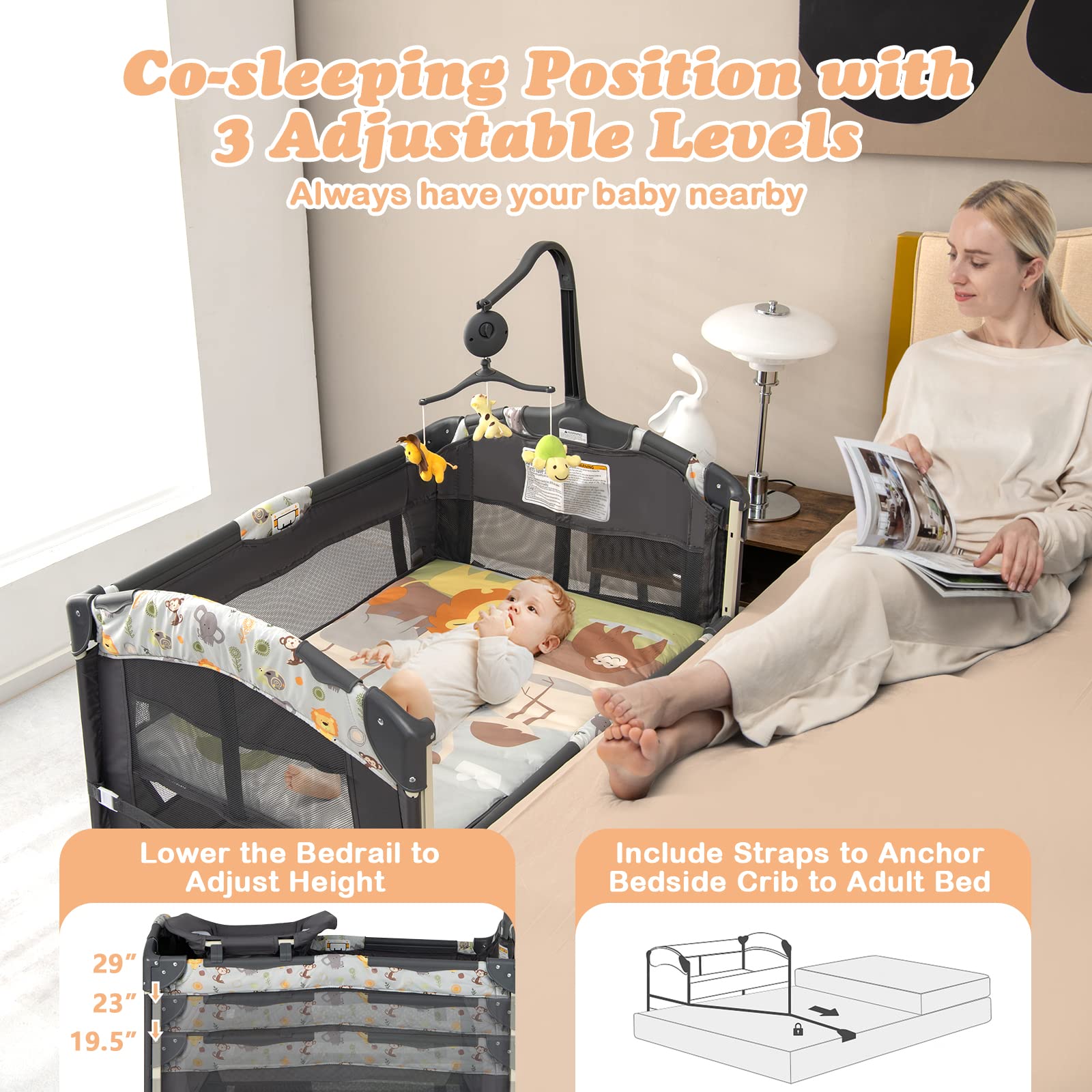 RELAX4LIFE 4 in 1 Lettino da Campeggio per Bambini, Culla Neonato con Fasciatoio, Materasso e Cingia Fissagio, Altezza Regolabile con 3 Livelli, Adatto a Bambini da 3 a 36 Mesi (Grigio Scuro)