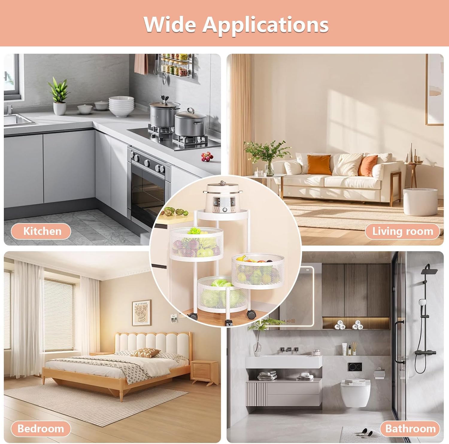 AIZYR Rotating Storage Shelf with Wheels Kitchen Trolley, Rolling Cart Storage Organizer Kitchen Storage Rack for Living Room, Kitchen, Bathroom,White,4 Layers