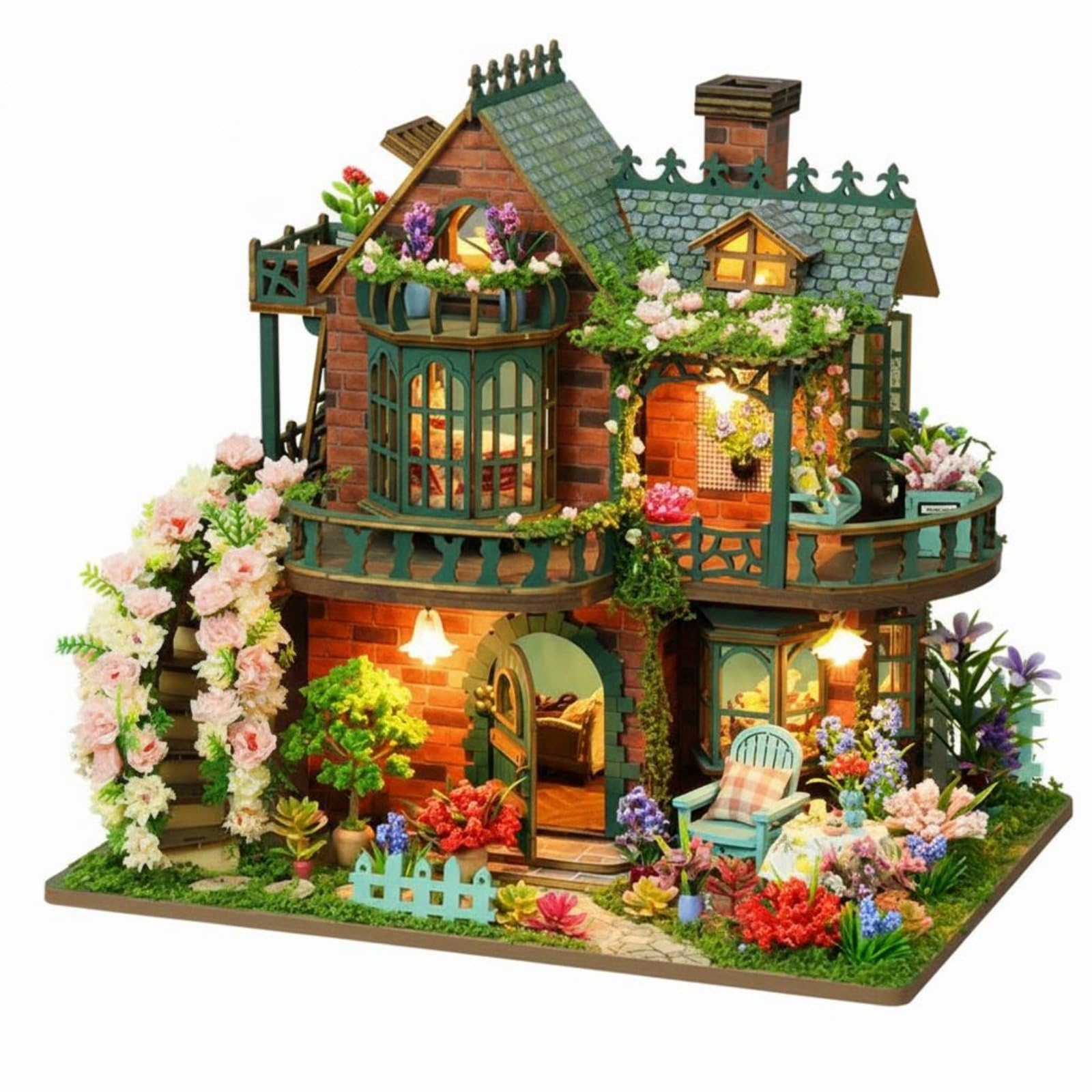 Casa in Miniatura Fai da Te Villa Kit Modello Casetta Diorama con Arredamento Completo E Luci LED Calde per Scena Notturna Materiali Legno Tessuto Carta Adatta per Collezionisti Hobbisti Casa