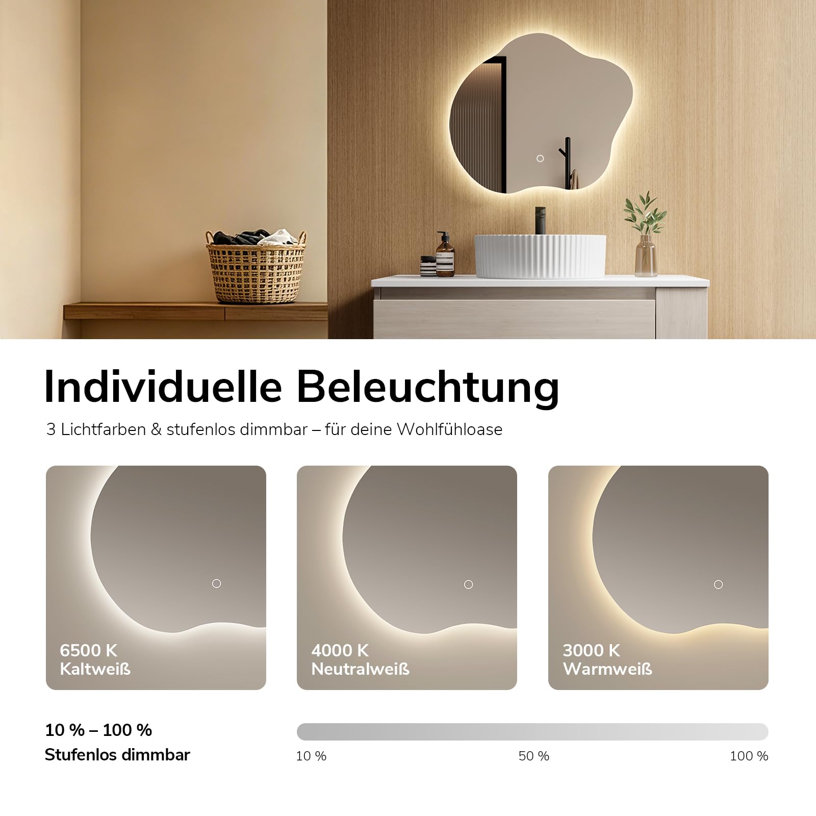 EMKE Badspiegel mit Beleuchtung Asymmetrisch 50 × 45 cm, LED Badezimmerspiegel mit Anti-Beschlag, 3 Lichtfarben & Dimmfunktion, Touch-Sensor, Wandspiegel für Bad, Flur, Schlafzimmer