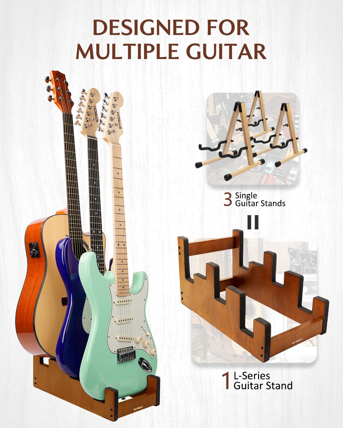 STRICH Gitarrenständer aus Holz für mehrere Gitarren, 3-fach Halter, platzsparender Bodenständer mit Frontpräsentation, Mahagoni-Farbe, L-2E1AM (für 2 E-Gitarren + 1 Akustikgitarre)