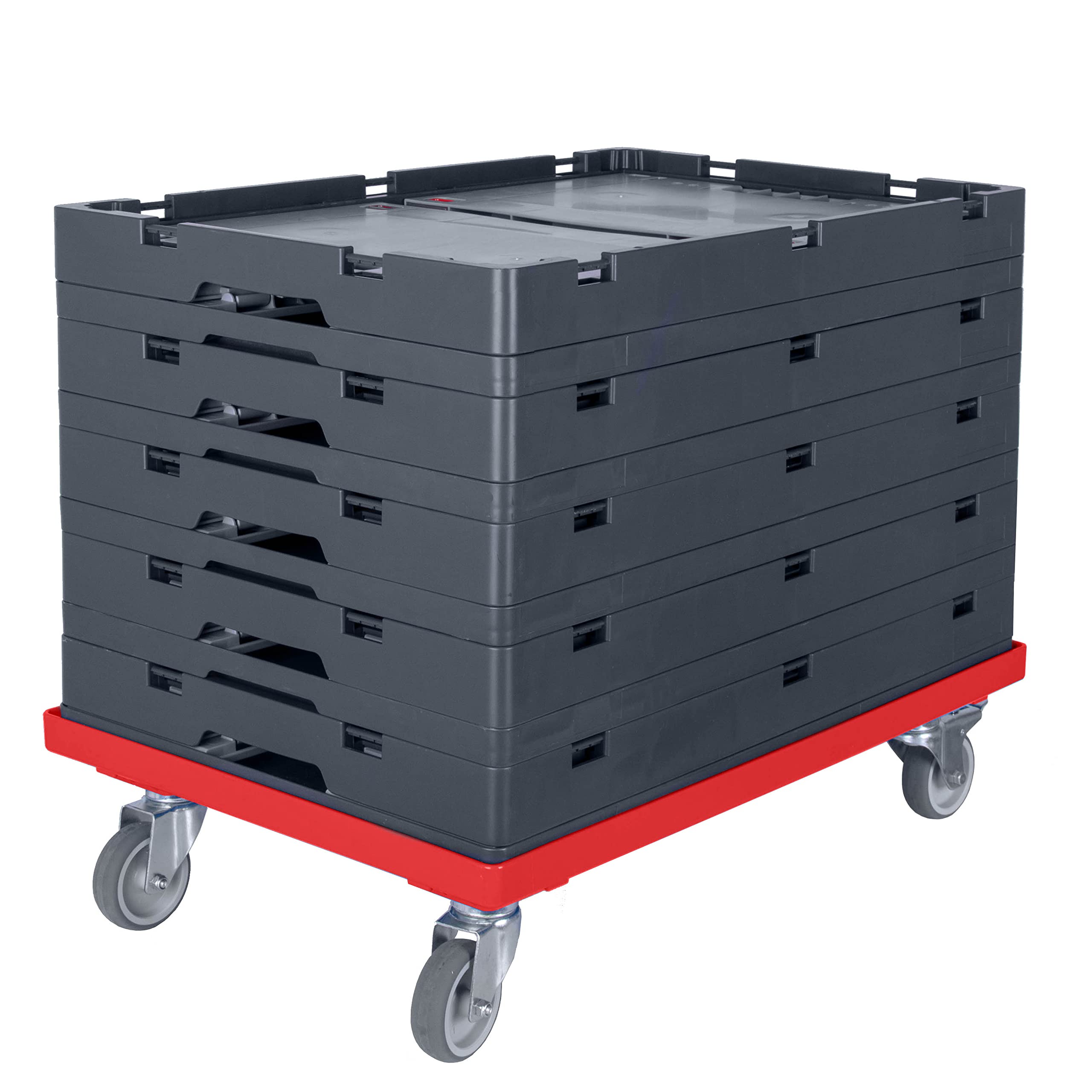 Auer Faltbox FB 64/42 3er Set mit Rollwagen | Klappboxen 60x40x42cm, 87L | 3X Transportbox mit rotem Transportwagen | Lagerbox stapelbar und faltbar | Kommissionierbox stabil