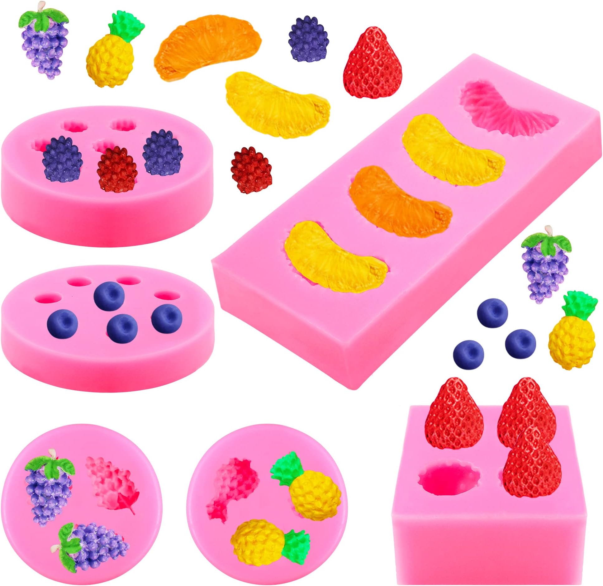 6 Pieces Fruit Fondant Molds Fruit Shaped Silicone 3D Strawberry Mold Fruit Silicone Molds Orange Pineapple Mulberry Blueberry Grape Fondant Molds for Jelly Cupcake Decorating