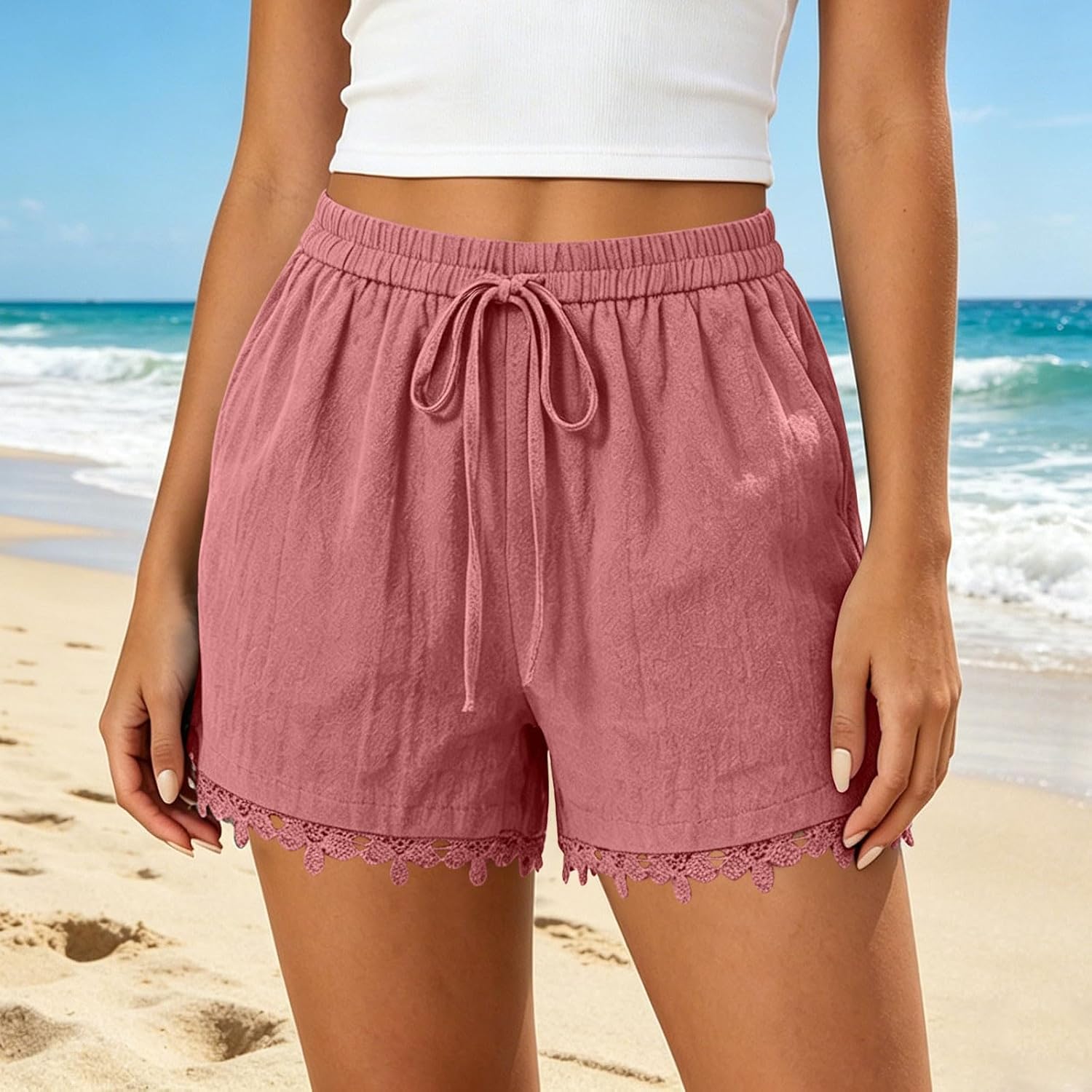 Womens Lace Trim Shorts, Casual Drawstring Summer Beach Pants | Loose Fit Profile, Smocked Elastic Waist, Delicate Lace Hem, Plain Weave, Hot Weather Resort Vacation Outfit