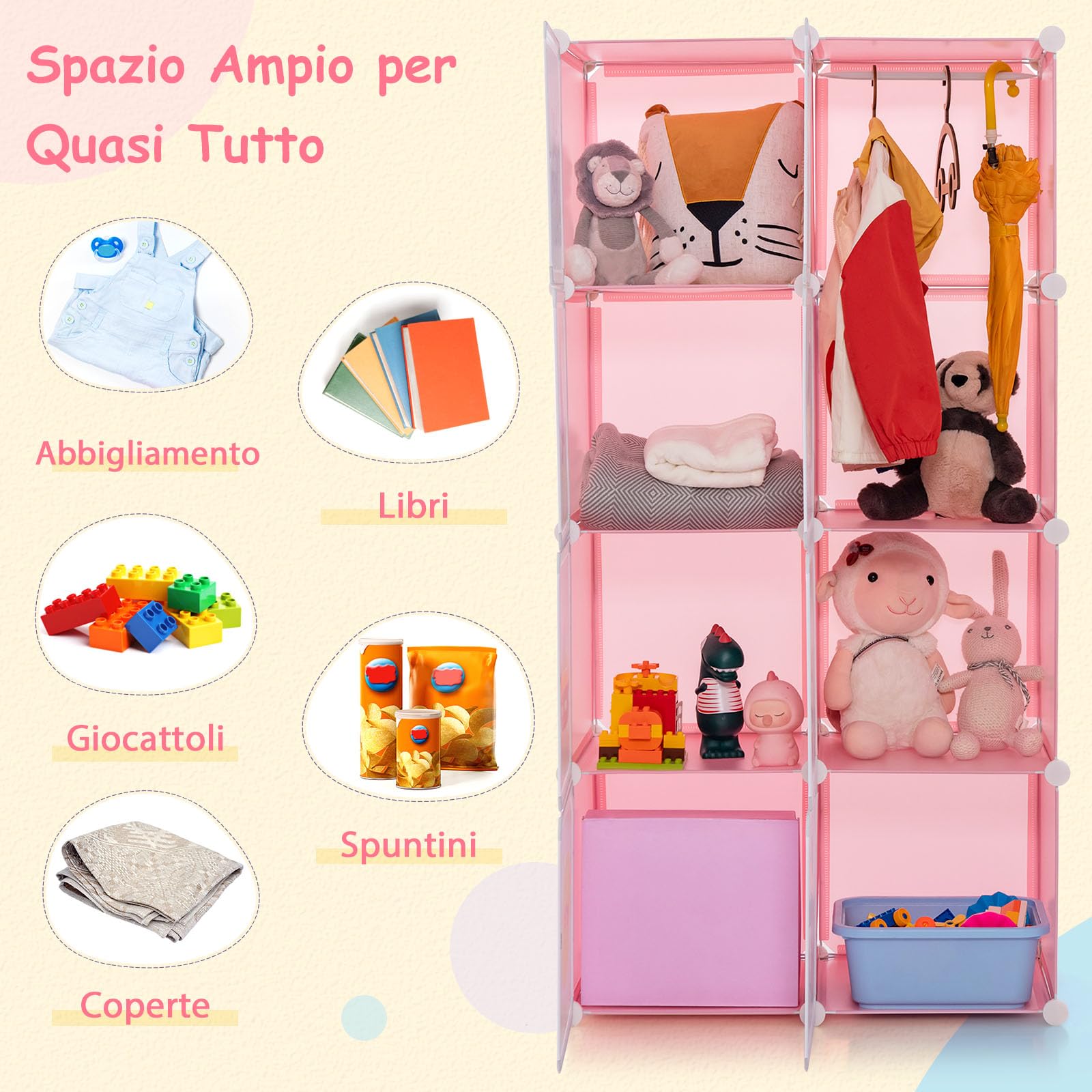 COSTWAY Armadio Portatile per Bambini, Organizzatore Modulari per Bambini a 8 cubi con Ante e Sezione Appendiabiti, Guardaroba Portatile per Sala Giochi Camera da Letto Asilo, 71x35,5x142 cm (Rosa)