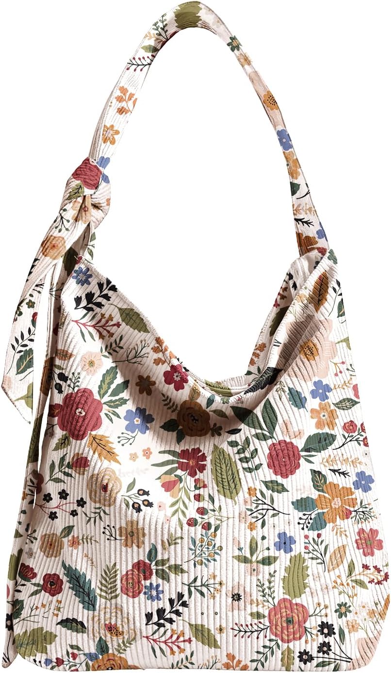 Corduroy Tote Bag with Zipper for Women - Cute Hobo Bags Big Capacity with Inner Pockets for Work, Travel