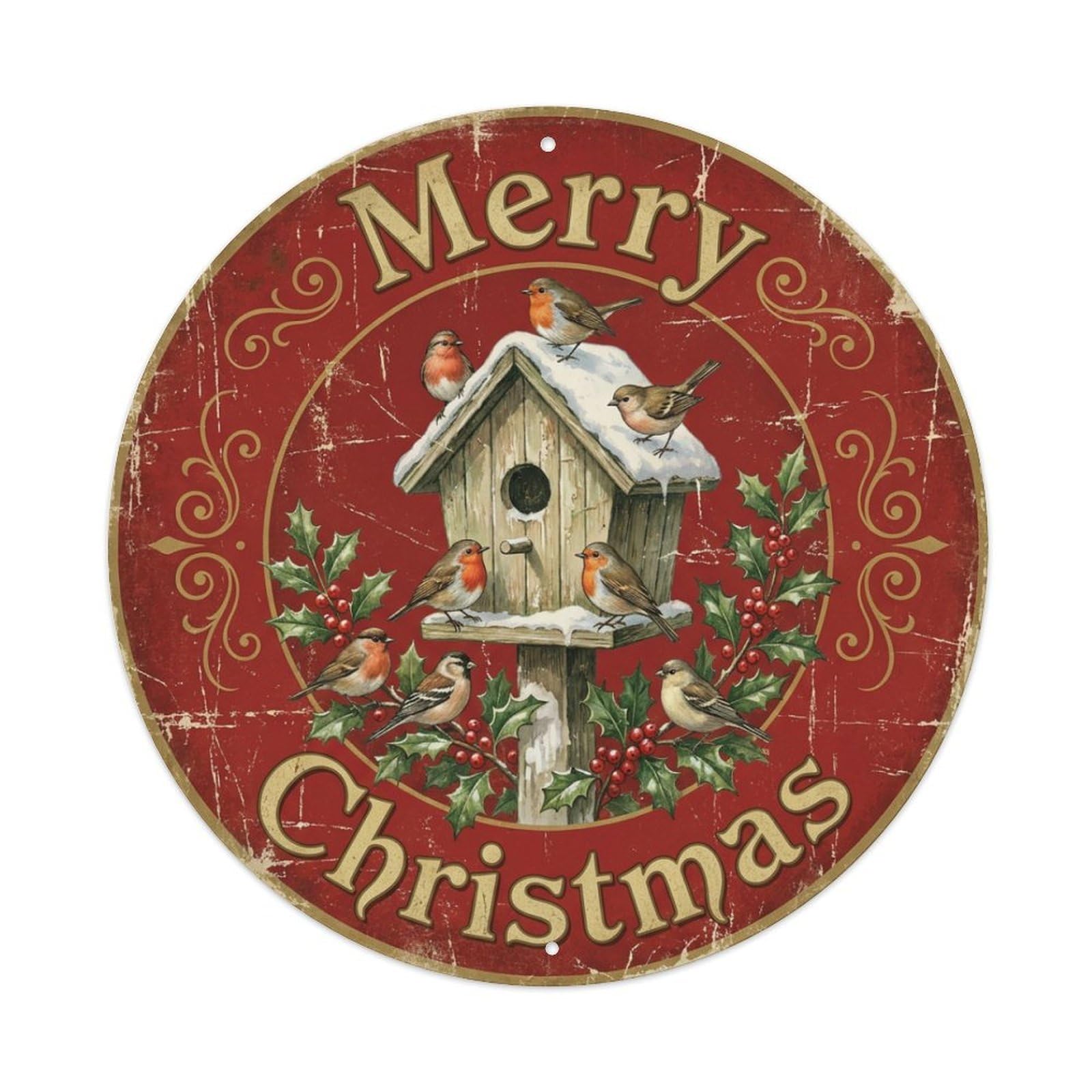 Merry Christmas Birdhouse Snowy Garden Metal Tin Sign