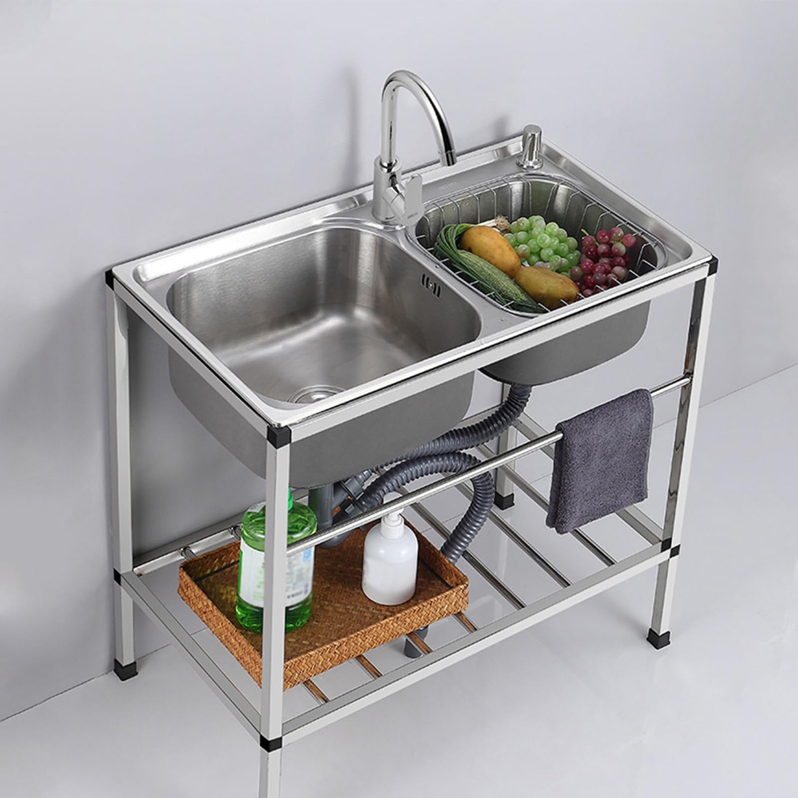 Évier extérieur pour jardin et cour double cuve en acier inoxydable avec robinet