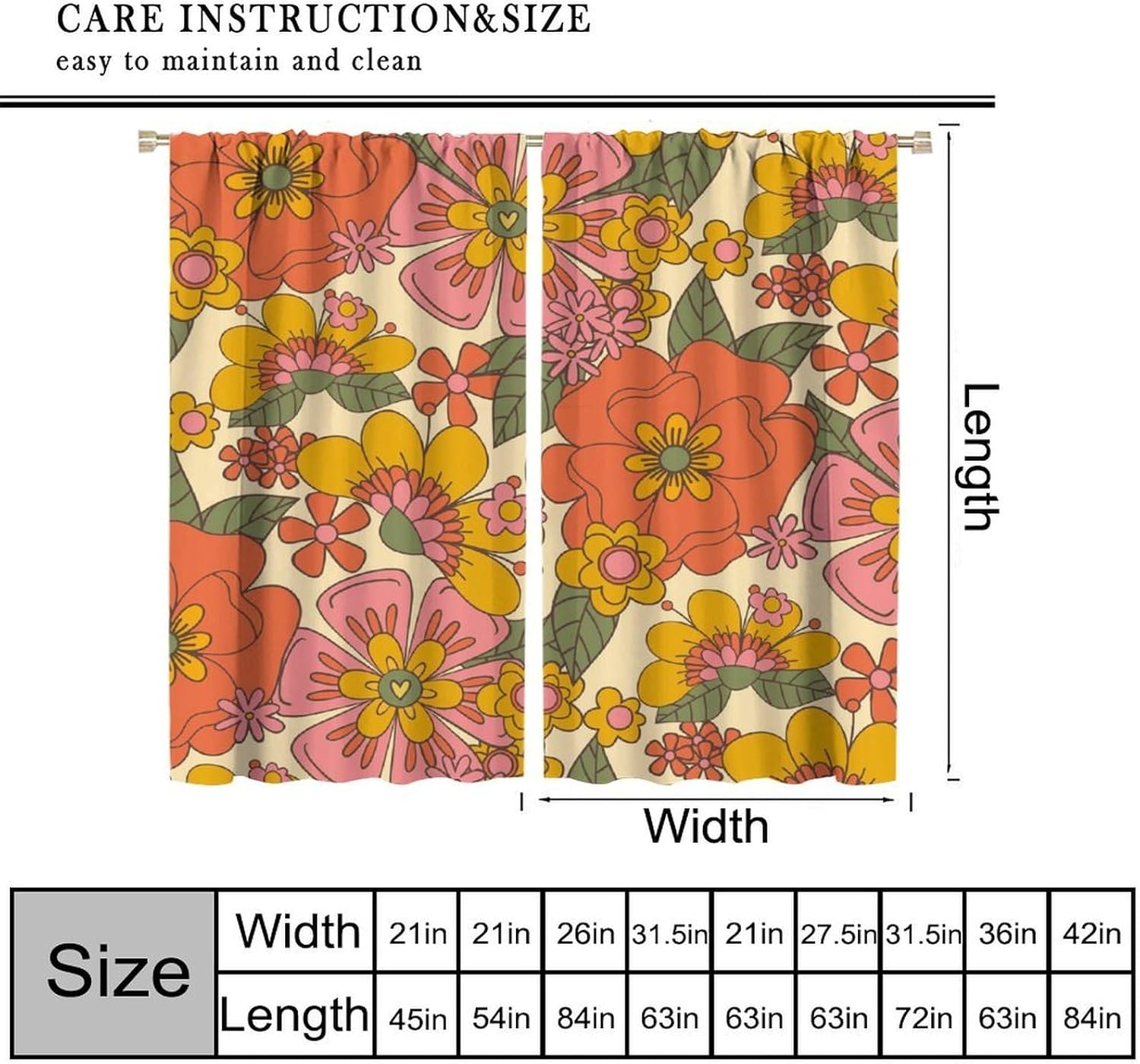 Retro 70s Floral Curtains Hippie Spring Groovy Flower Power Flower Boho Print Suitable for Home Bedroom Window Drapes Abstract Aesthetics Decoration 42x54 Inch Blackout