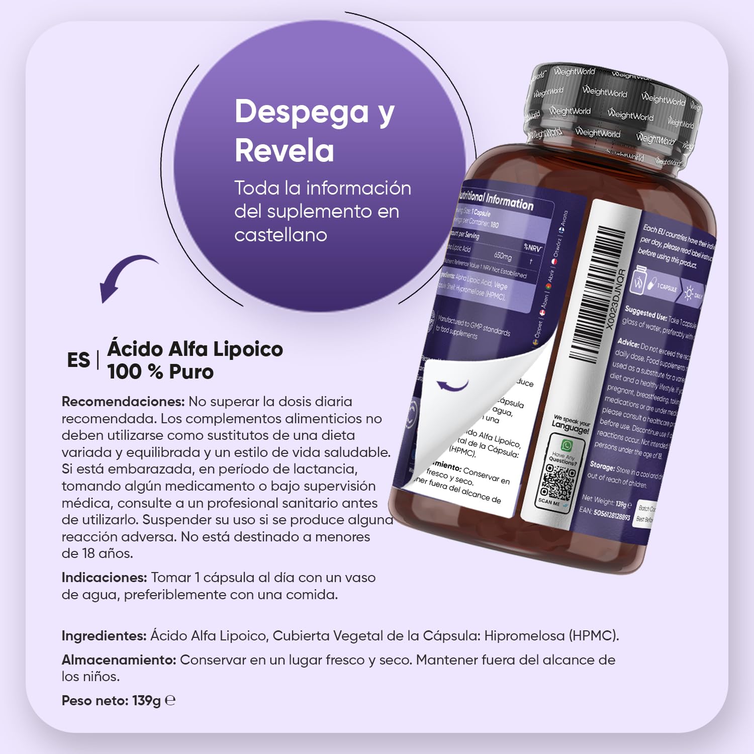 Ácido Alfa Lipoico 650 mg - 180 Cápsulas de ALA 100% Puro para 6 Meses - Sin OGM ni Aditivos, Apto para Dietas Vegana, Sin Estearato de Magnesio y Sin Gluten
