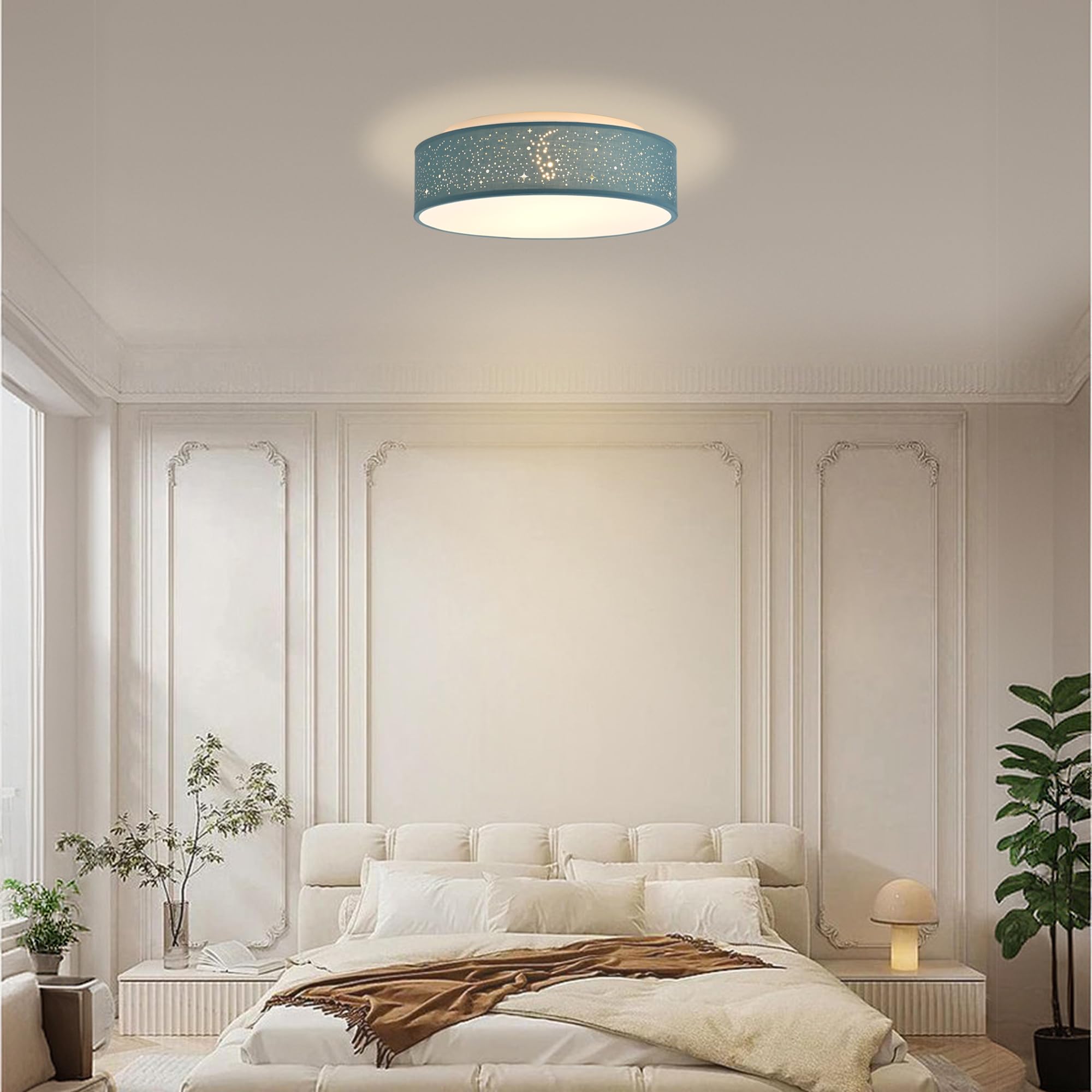 Zedelmaier Deckenlampe Stoff 38cm E27x2 max.40W Deckenleuchte mit Sternenhimmel Wohnzimmer Schlafzimmer Kinderzimmer Flur Küche Lampe Decke Stoffdeckenlampe Rund (Aschblau sterneneffekt, Ø38x12,5cm)