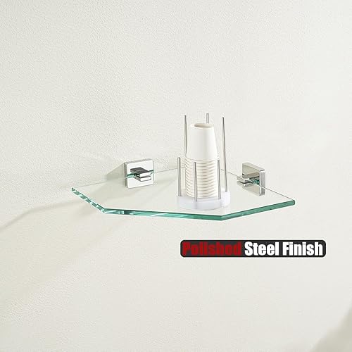 Miniatura 4 de JQK TGS290L10-CH-P2 - Estante esquinero de vidrio cromado pulido para baño, acero inoxidable 304, estante flotante de pared de 10 x 10 pulgadas, 2