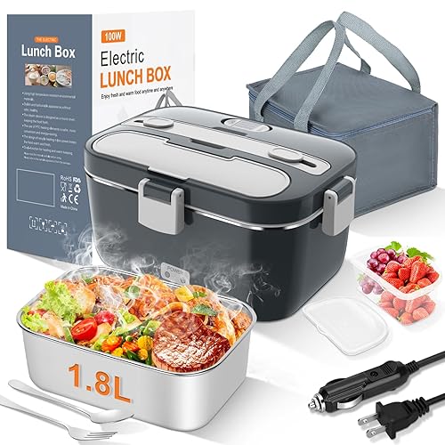 DUPASU Electric Lunch Box Food Warmer: 100W Heated Lunch Box for Adults, 1.8L Portable Fast Heating Lunchbox Food Heater for Car, Truck, Work, Travel, Lonchera Elctrica Porttil 12/24V/110-230V - Light grey+Charcoal grey